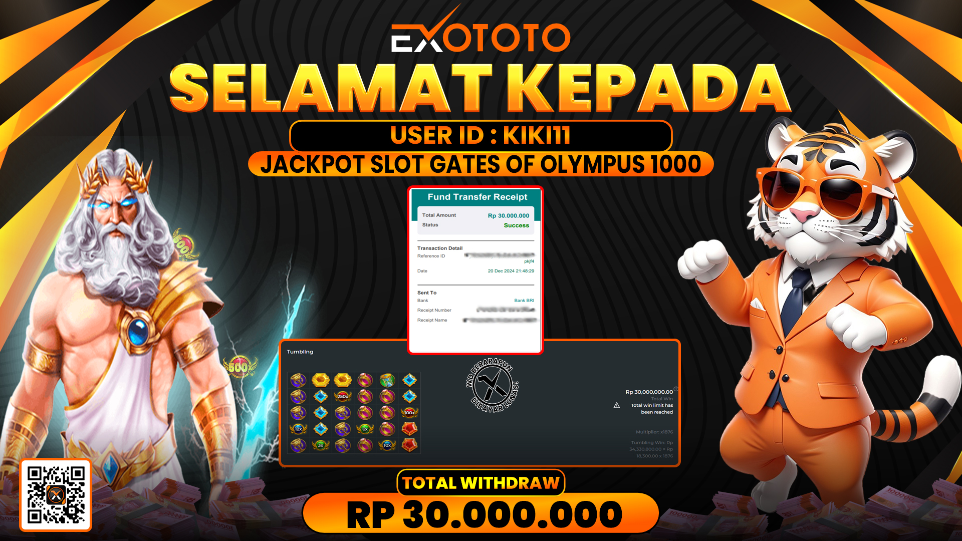 EXOTOTO JACKPOT DI SLOT GATES OF OLYMPUS 1000 RP. 30.000.000,- LUNAS
