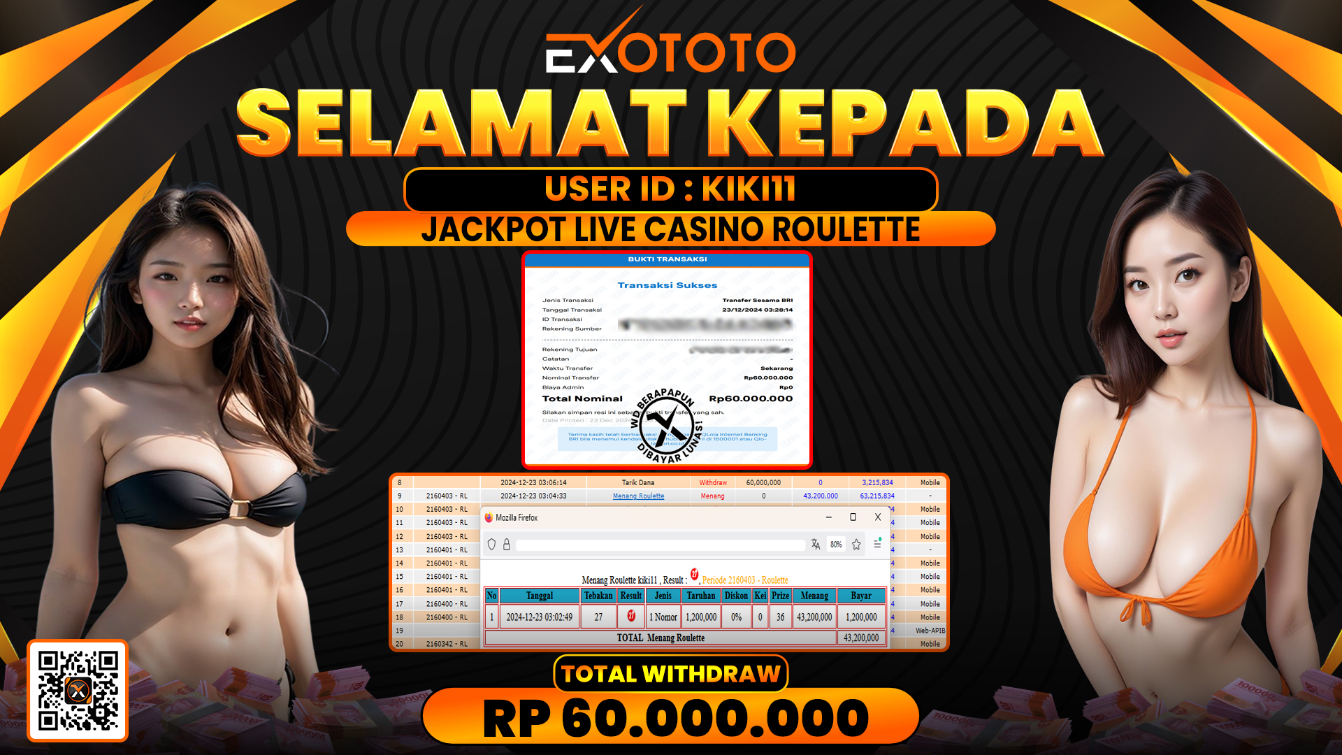 EXOTOTO JACKPOT DI LIVE CASINO ROULETTE RP. 60.000.000,- LUNAS