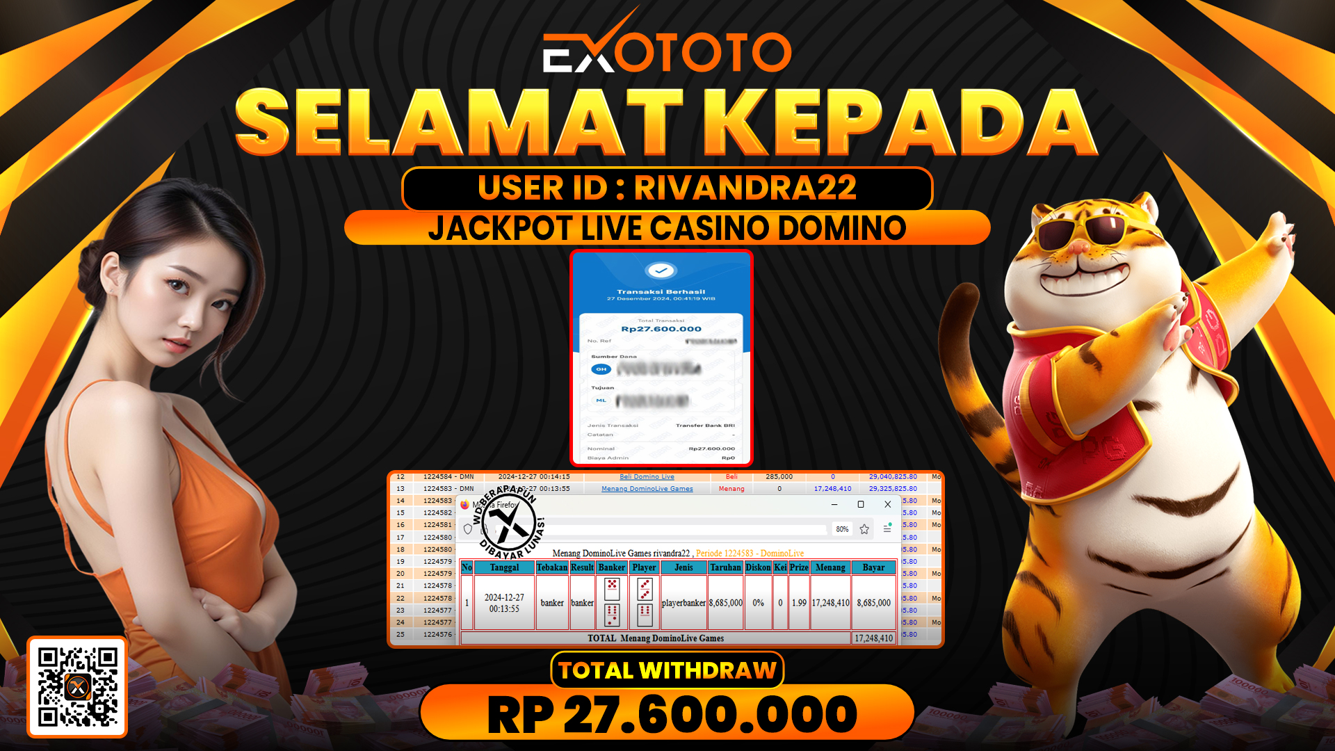 EXOTOTO JACKPOT DI LIVE CASINO DOMINO RP. 27.600.000,- LUNAS