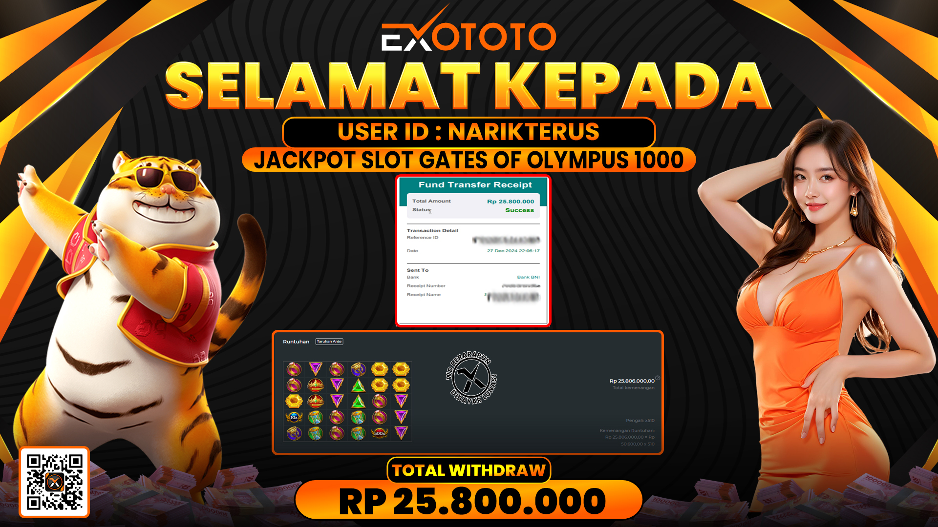 EXOTOTO JACKPOT DI SLOT GATES OF OLYMPUS 1000 RP. 25.800.000,- LUNAS