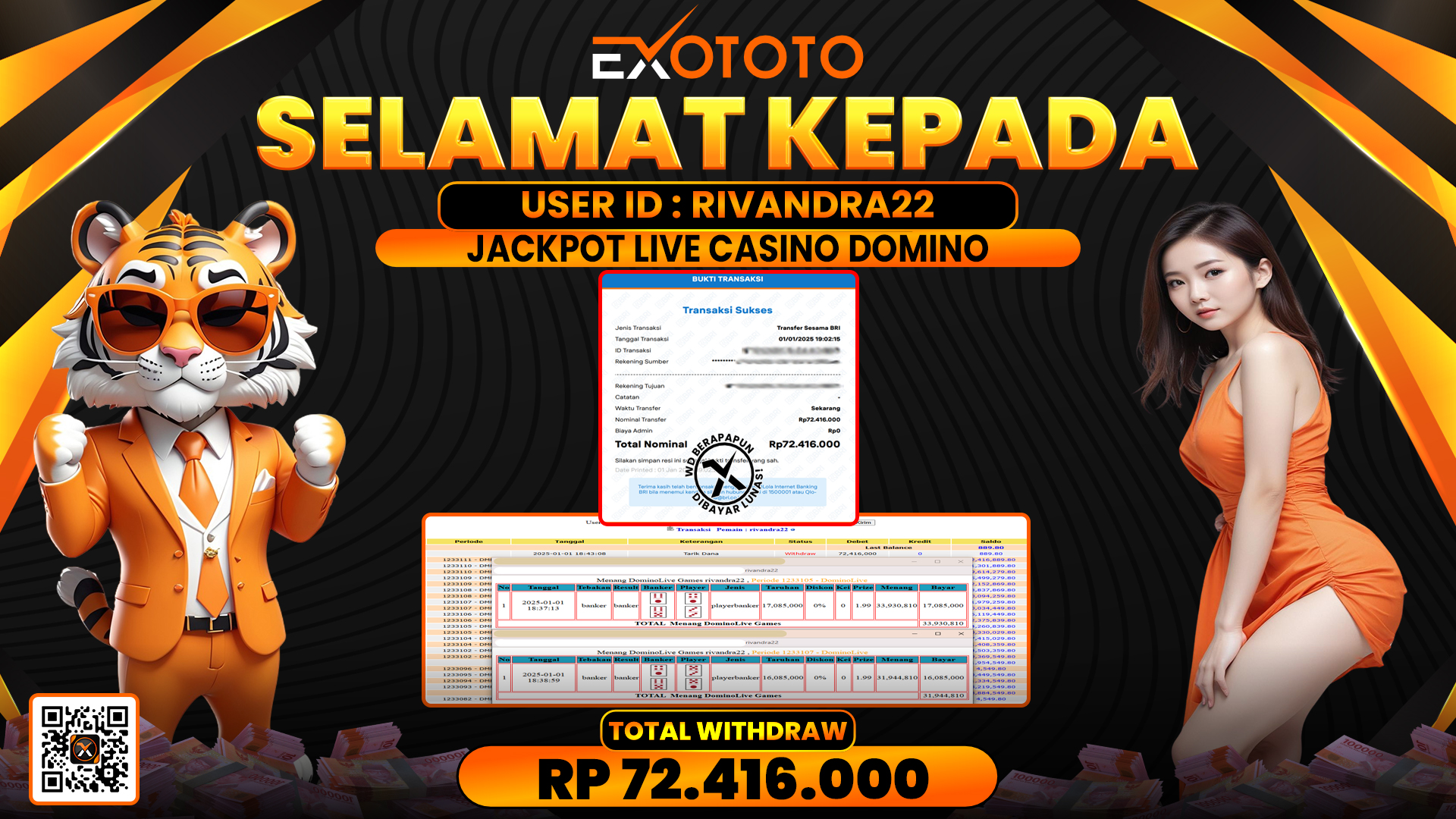 EXOTOTO JACKPOT DI LIVE CASINO DOMINO RP. 72.416.000,- LUNAS