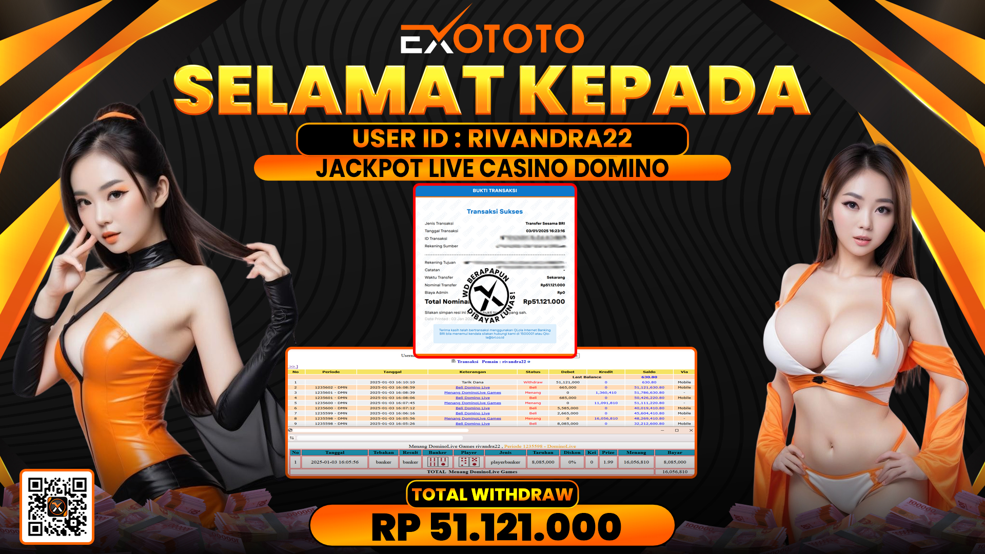 EXOTOTO JACKPOT DI LIVE CASINO DOMINO RP. 51.121.000,- LUNAS