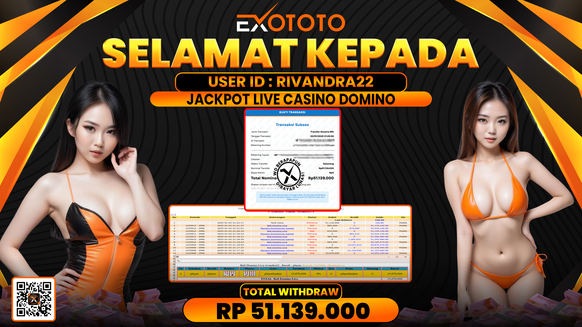 EXOTOTO JACKPOT DI LIVE CASINO DOMINO RP. 51.139.000,- LUNAS