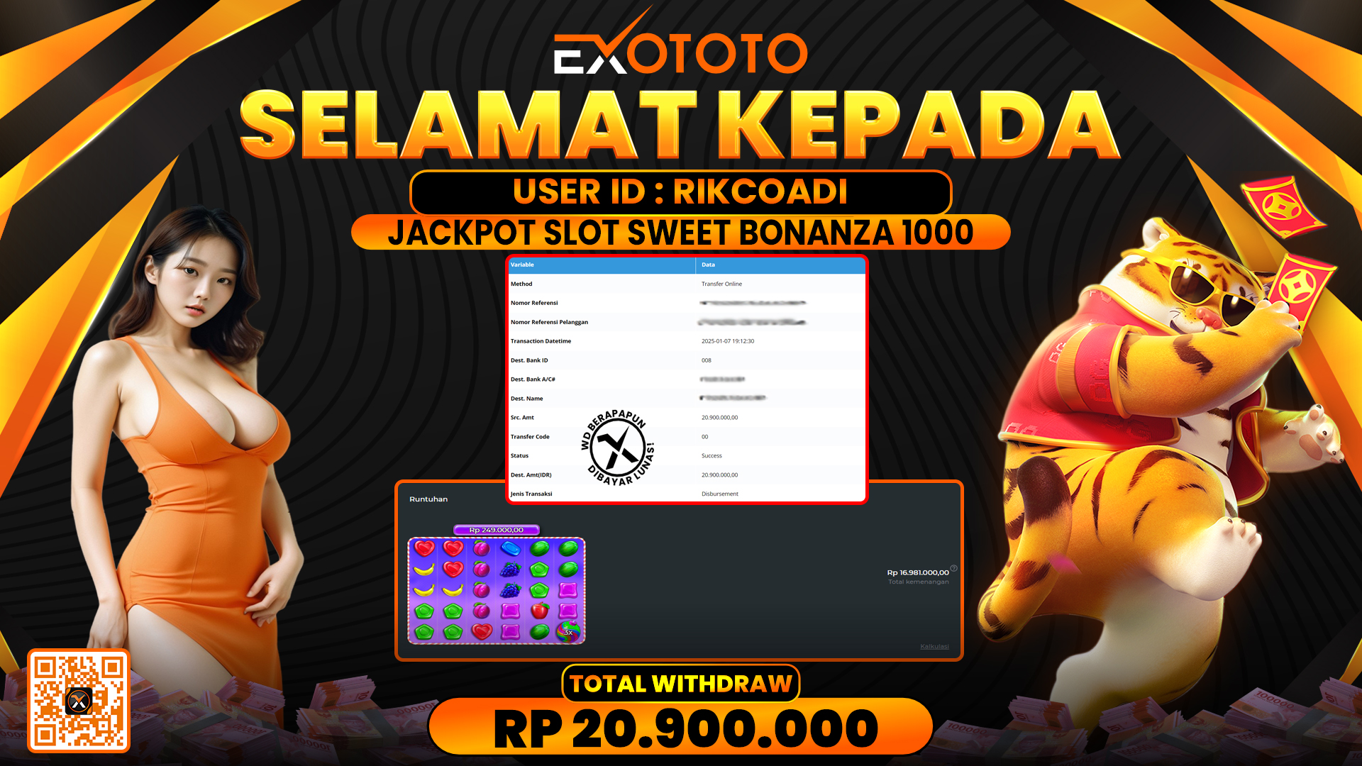 EXOTOTO JACKPOT DI SLOT SWEET BONANZA 1000 RP. 20.900.000,- LUNAS