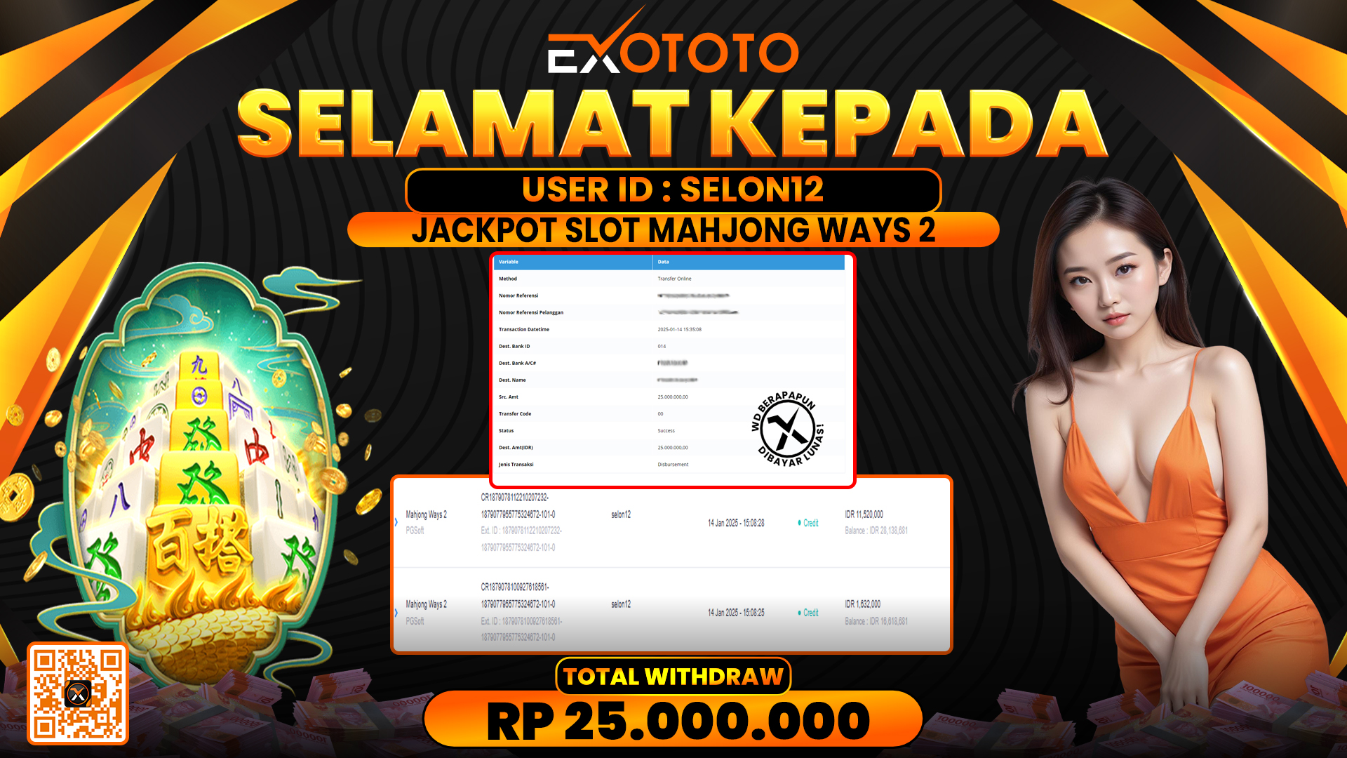 EXOTOTO JACKPOT DI SLOT MAHJONG WAYS 2 RP. 25.000.000,- LUNAS