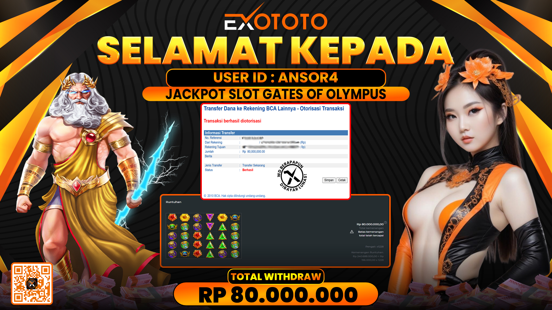 EXOTOTO JACKPOT DI SLOT GATES OF OLYMPUS RP. 80.000.000,- LUNAS