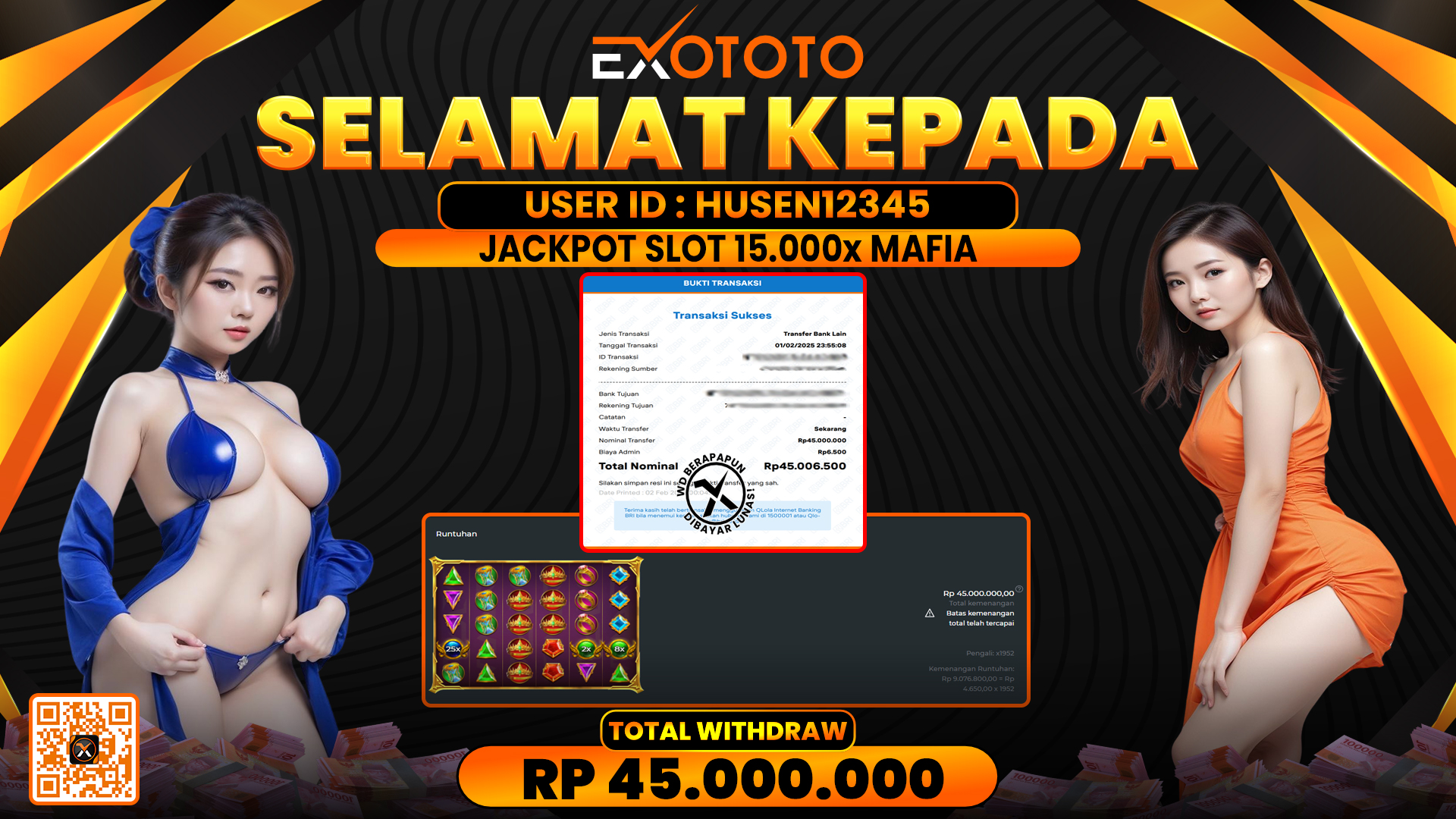 EXOTOTO JACKPOT DI SLOT 15.000x MAFIA RP. 45.000.000,- LUNAS