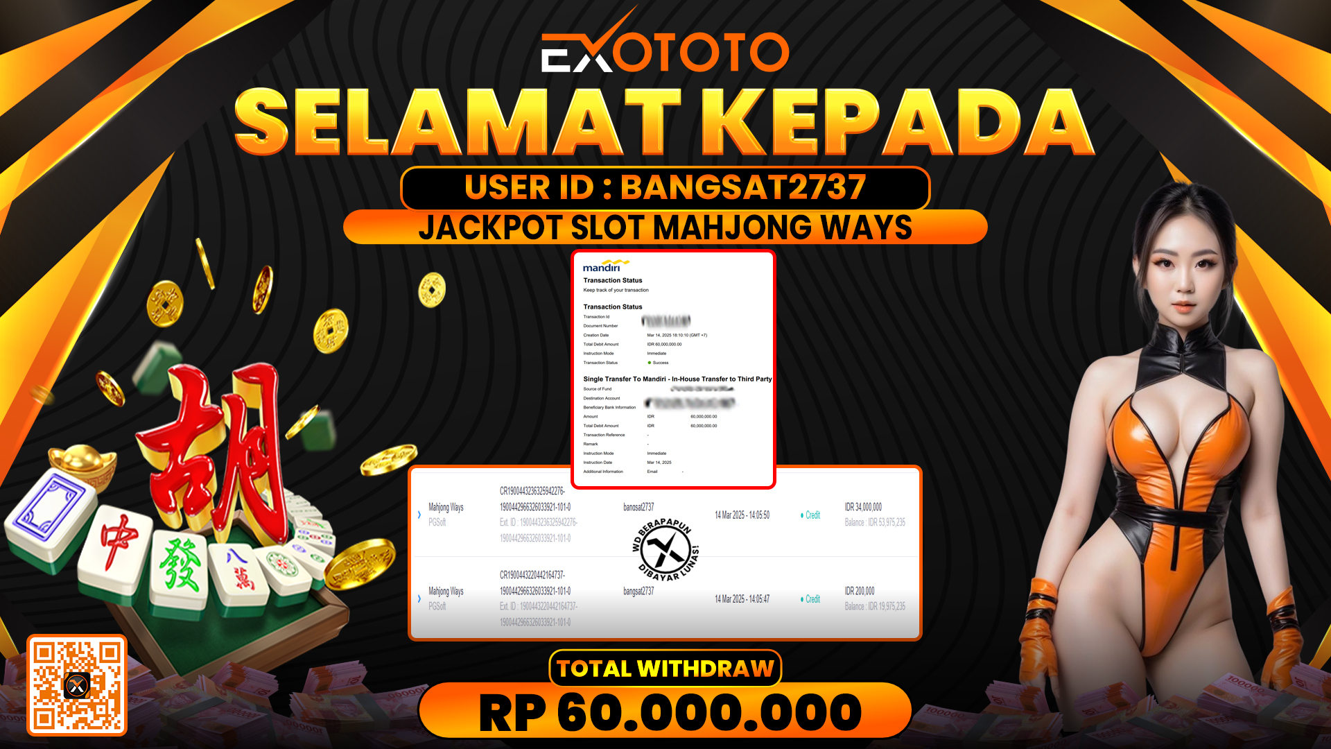EXOTOTO JACKPOT DI SLOT MAHJONG WAYS RP. 60.000.000,- LUNAS