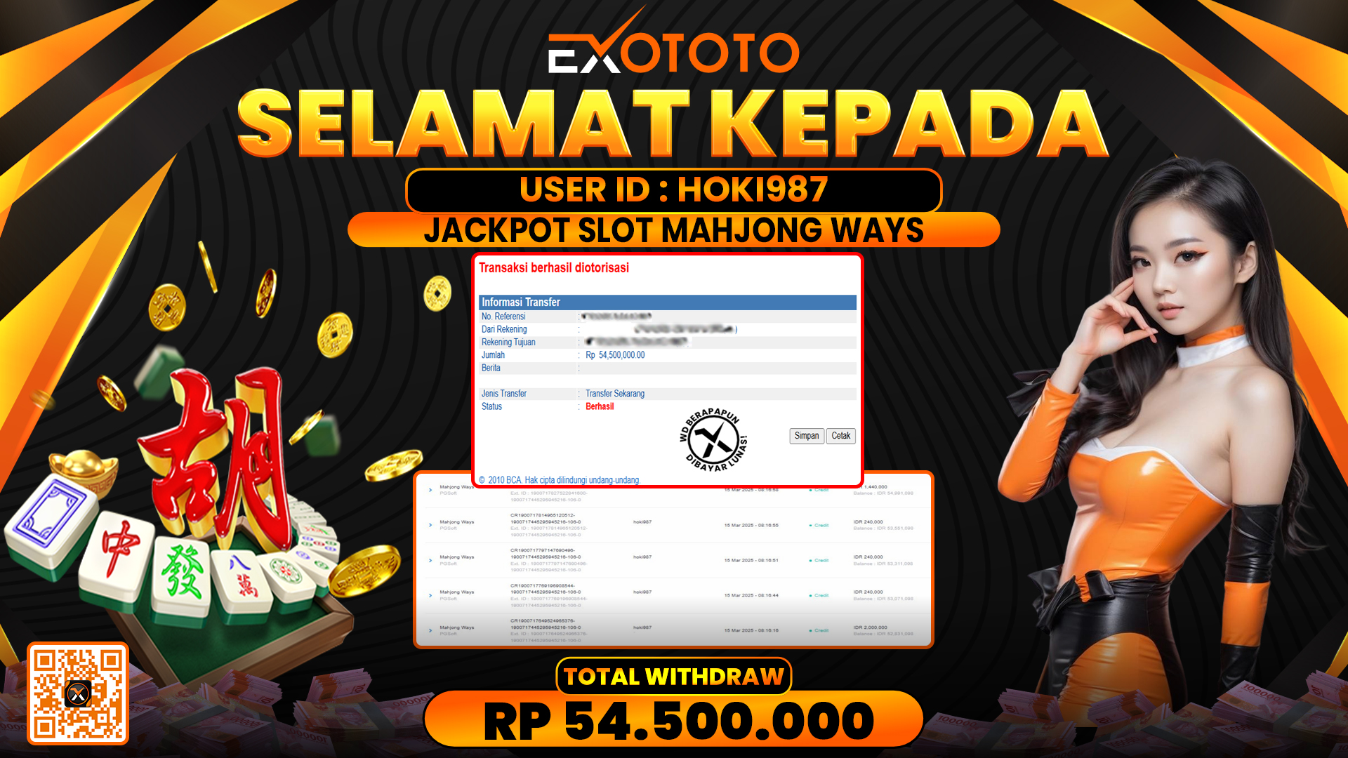 EXOTOTO JACKPOT DI SLOT MAHJONG WAYS RP. 54.500.000,- LUNAS