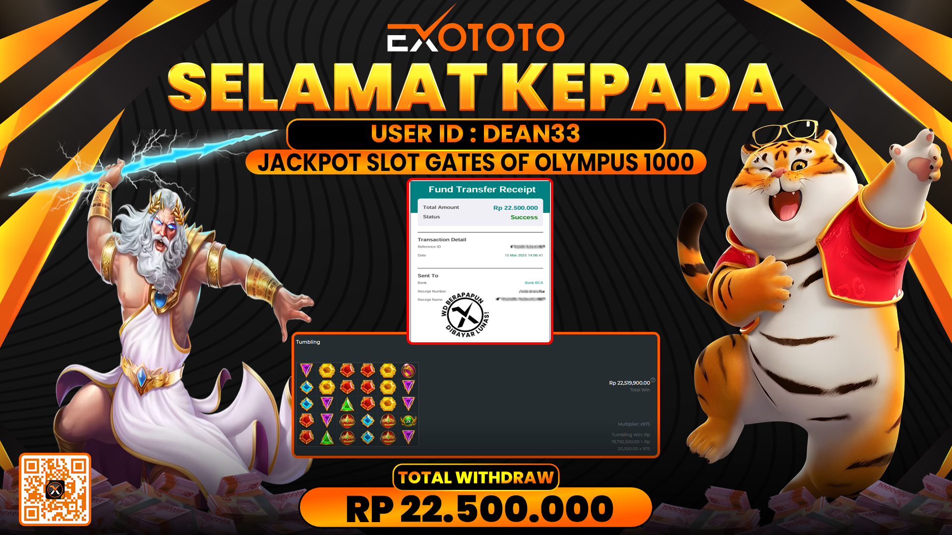 EXOTOTO JACKPOT DI SLOT GATES OF OLYMPUS 1000 RP. 22.500.000,- LUNAS