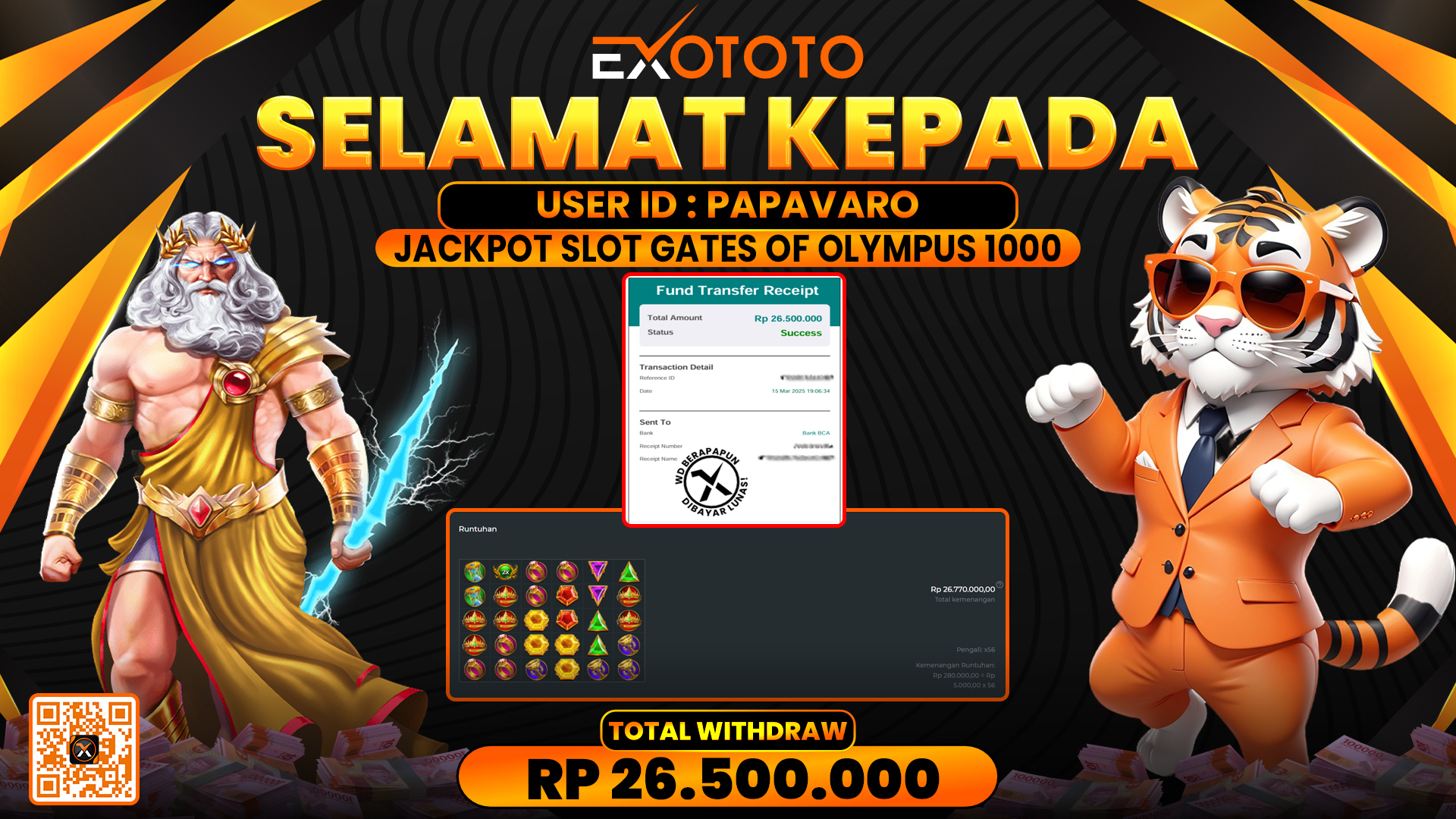 EXOTOTO JACKPOT DI SLOT GATES OF OLYMPUS 1000 RP. 26.500.000,- LUNAS