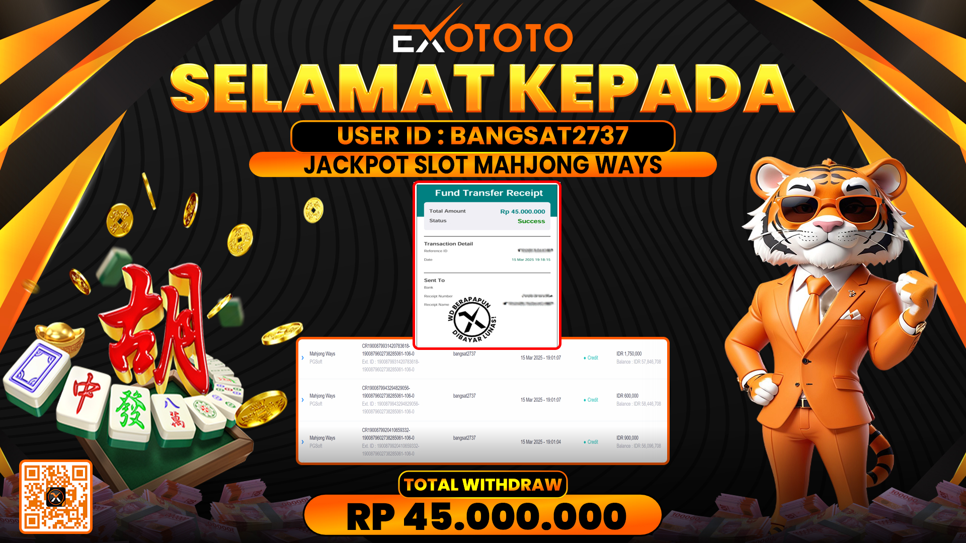 EXOTOTO JACKPOT DI SLOT MAHJONG WAYS RP. 45.000.000,- LUNAS