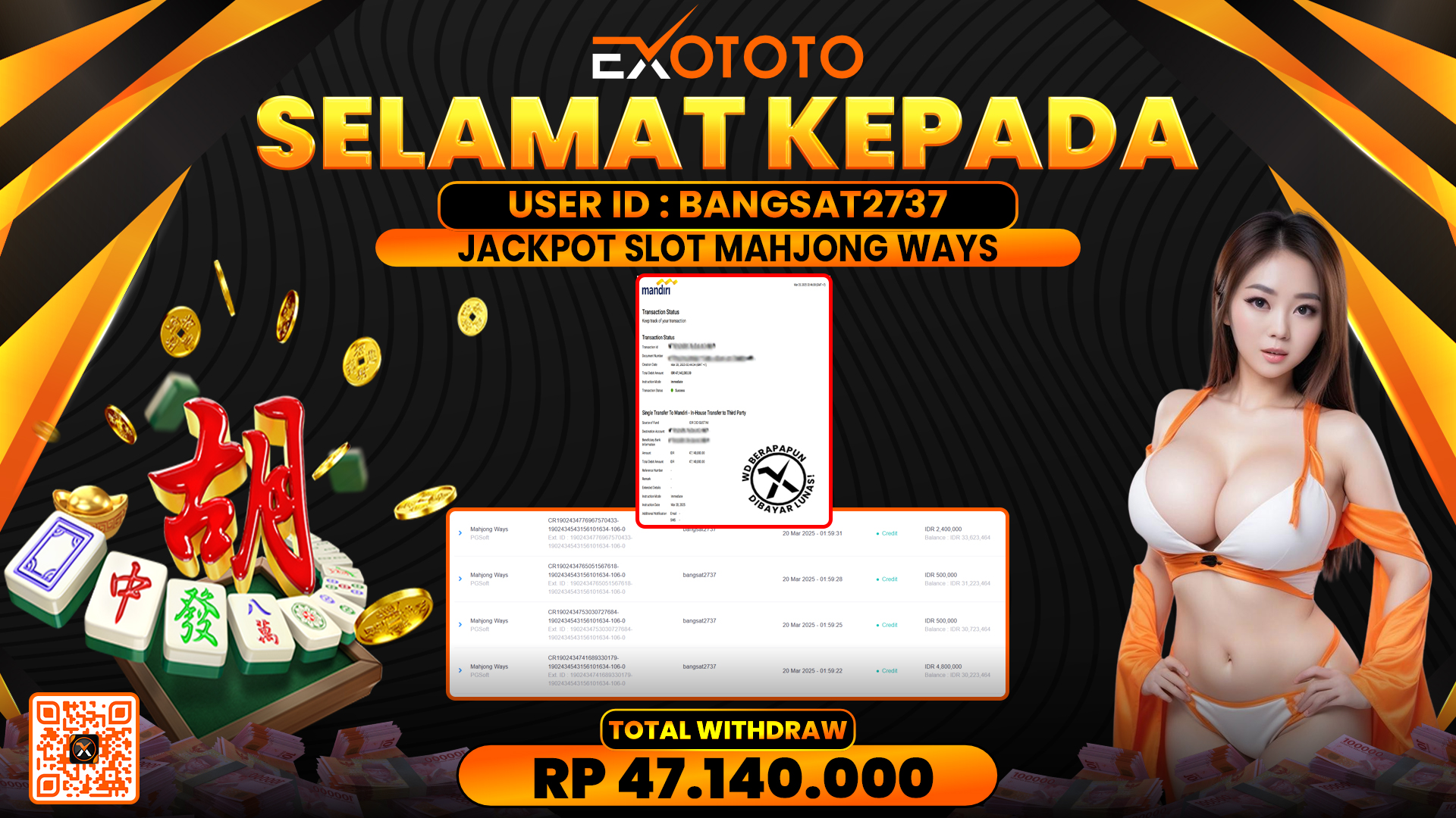 EXOTOTO JACKPOT DI SLOT MAHJONG WAYS RP. 47.140.000,- LUNAS