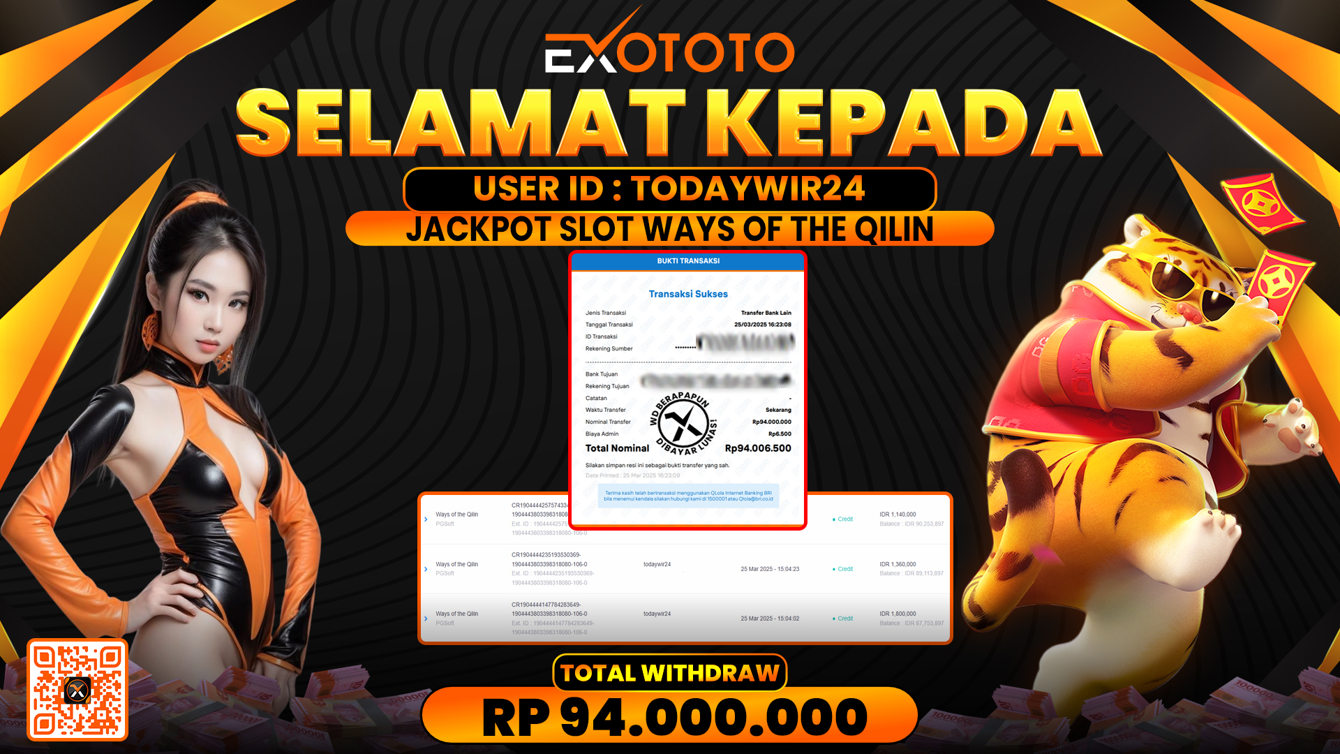 EXOTOTO JACKPOT DI SLOT WAYS OF THE QILIN RP. 94.000.000,- LUNAS