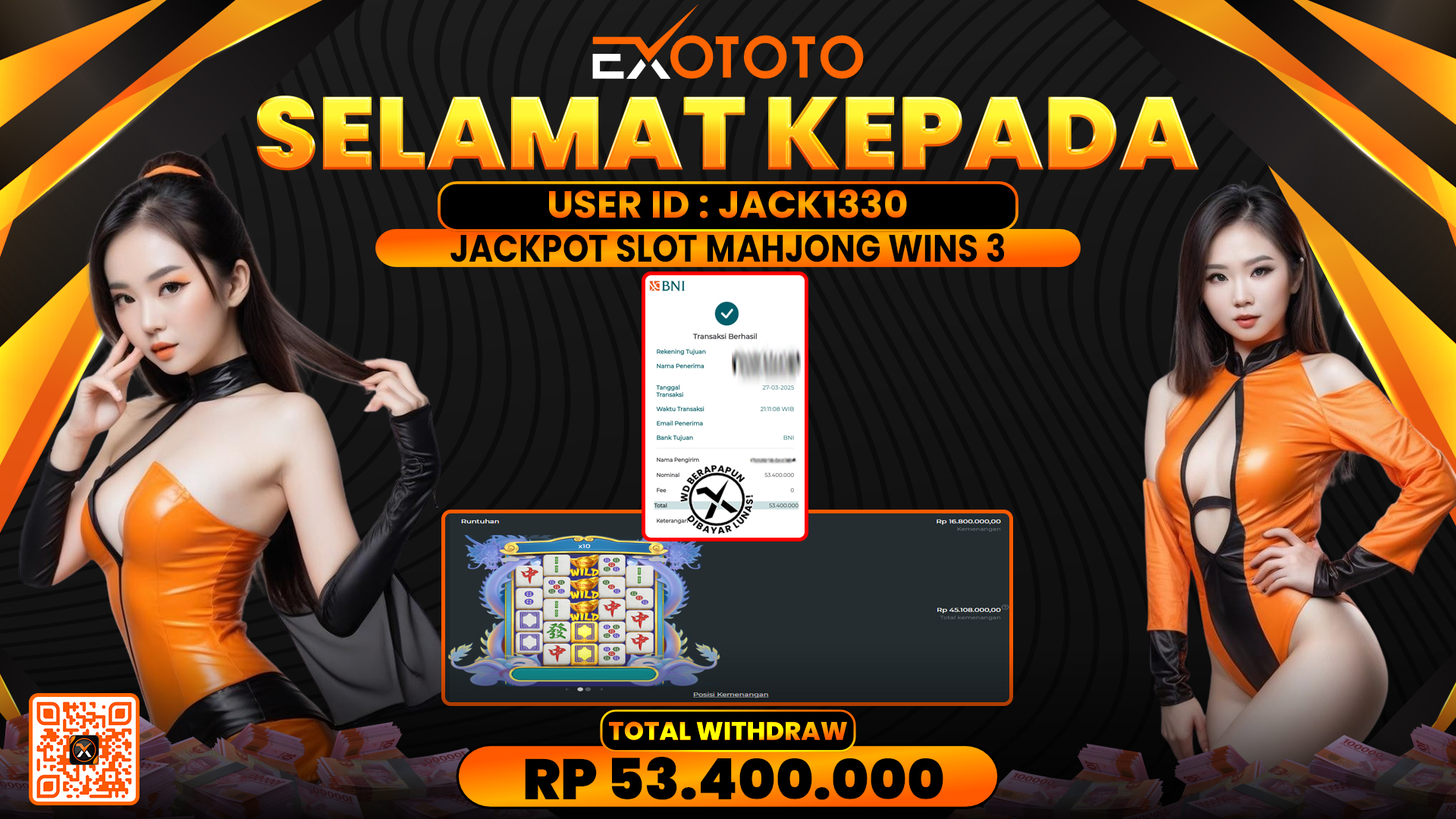 EXOTOTO JACKPOT DI SLOT MAHJONG WINS 3 RP. 53.400.000,- LUNAS
