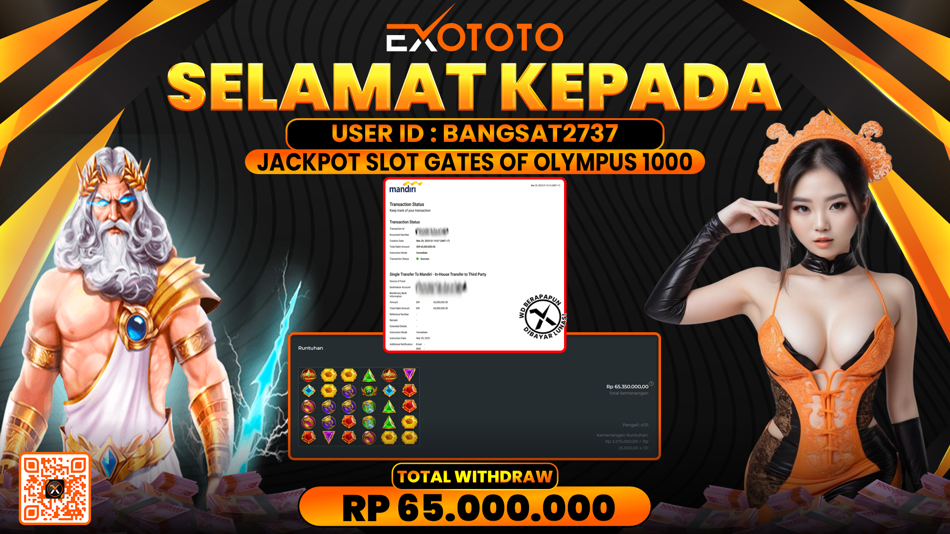 EXOTOTO JACKPOT DI SLOT GATES OF OLYMPUS 1000 RP. 65.000.000,- LUNAS