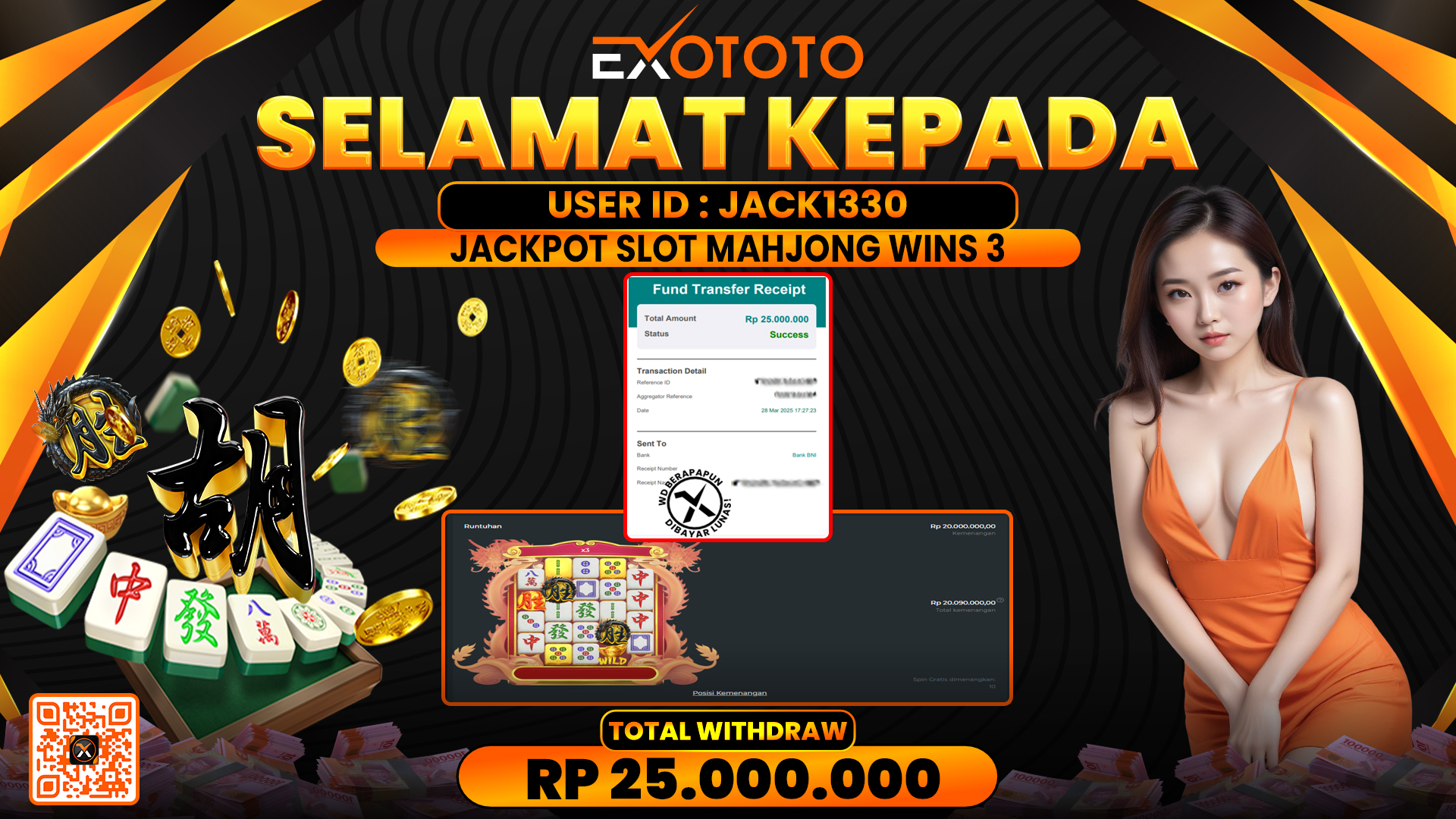 EXOTOTO JACKPOT DI SLOT MAHJONG WINS 3 RP. 25.000.000,- LUNAS