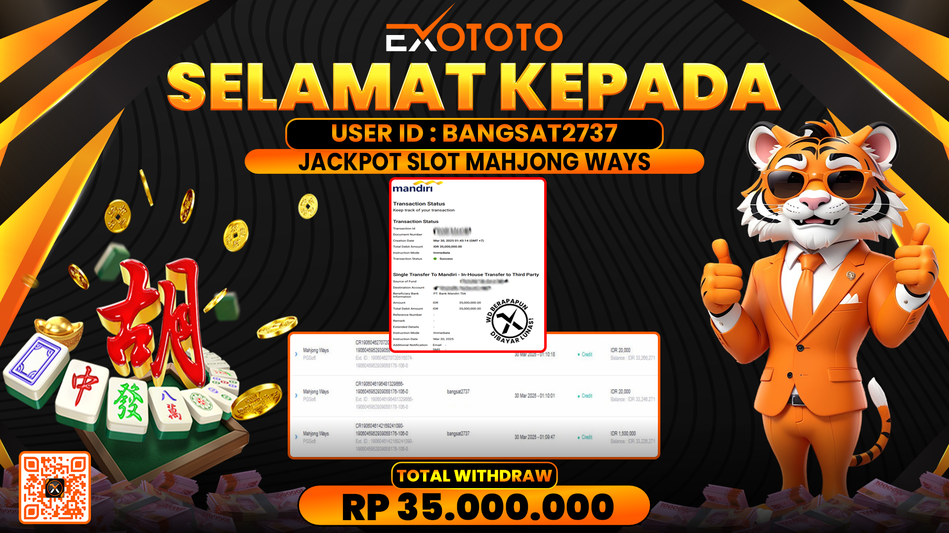 EXOTOTO JACKPOT DI SLOT MAHJONG WAYS  RP. 35.000.000,- LUNAS