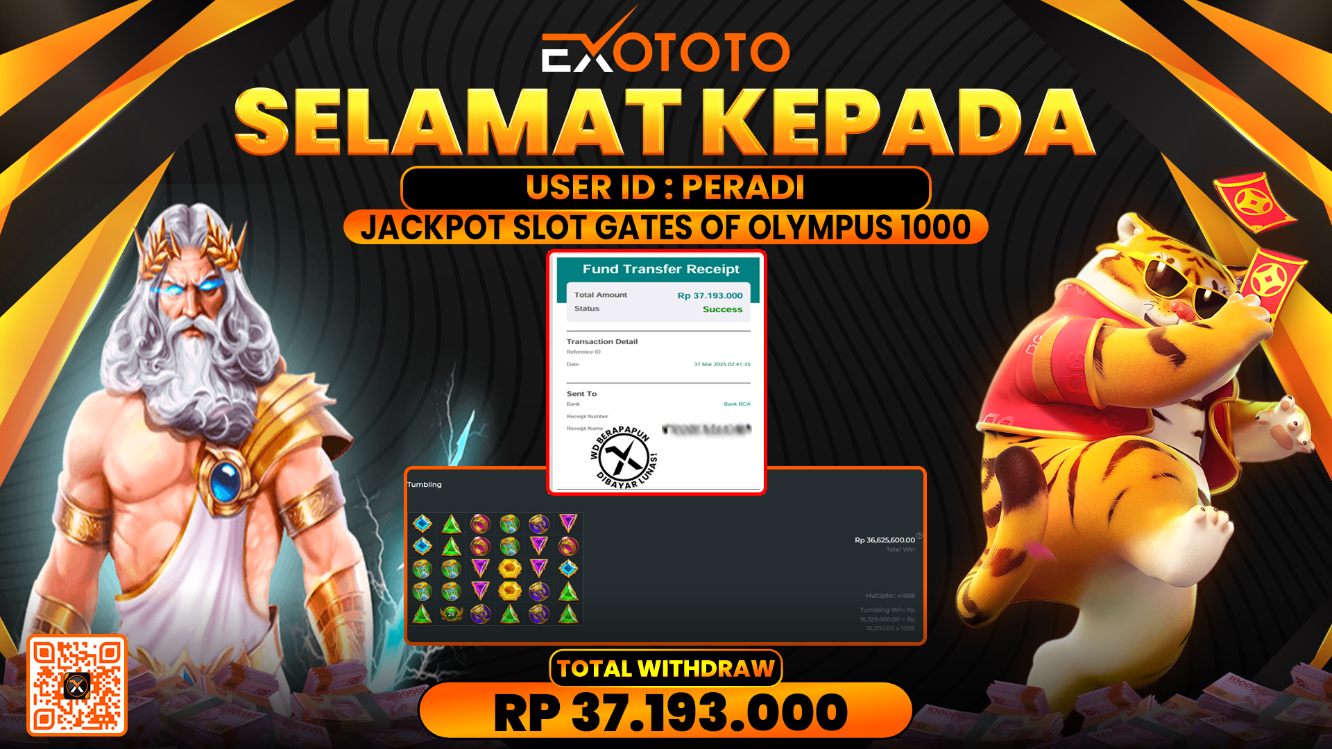 EXOTOTO JACKPOT DI SLOT GATES OF OLYMPUS 1000 RP. 37.193.000,- LUNAS