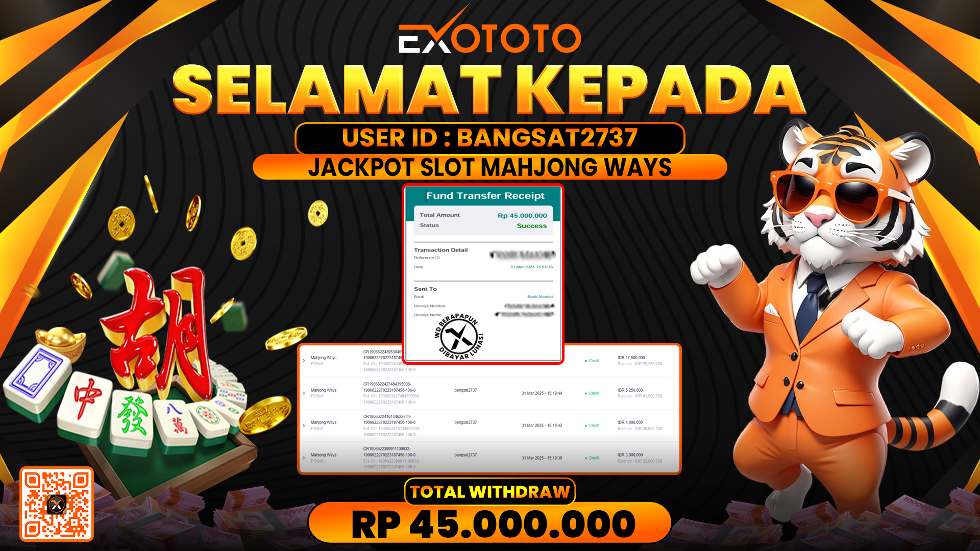 EXOTOTO JACKPOT DI SLOT MAHJONG WAYS RP. 45.000.000,- LUNAS