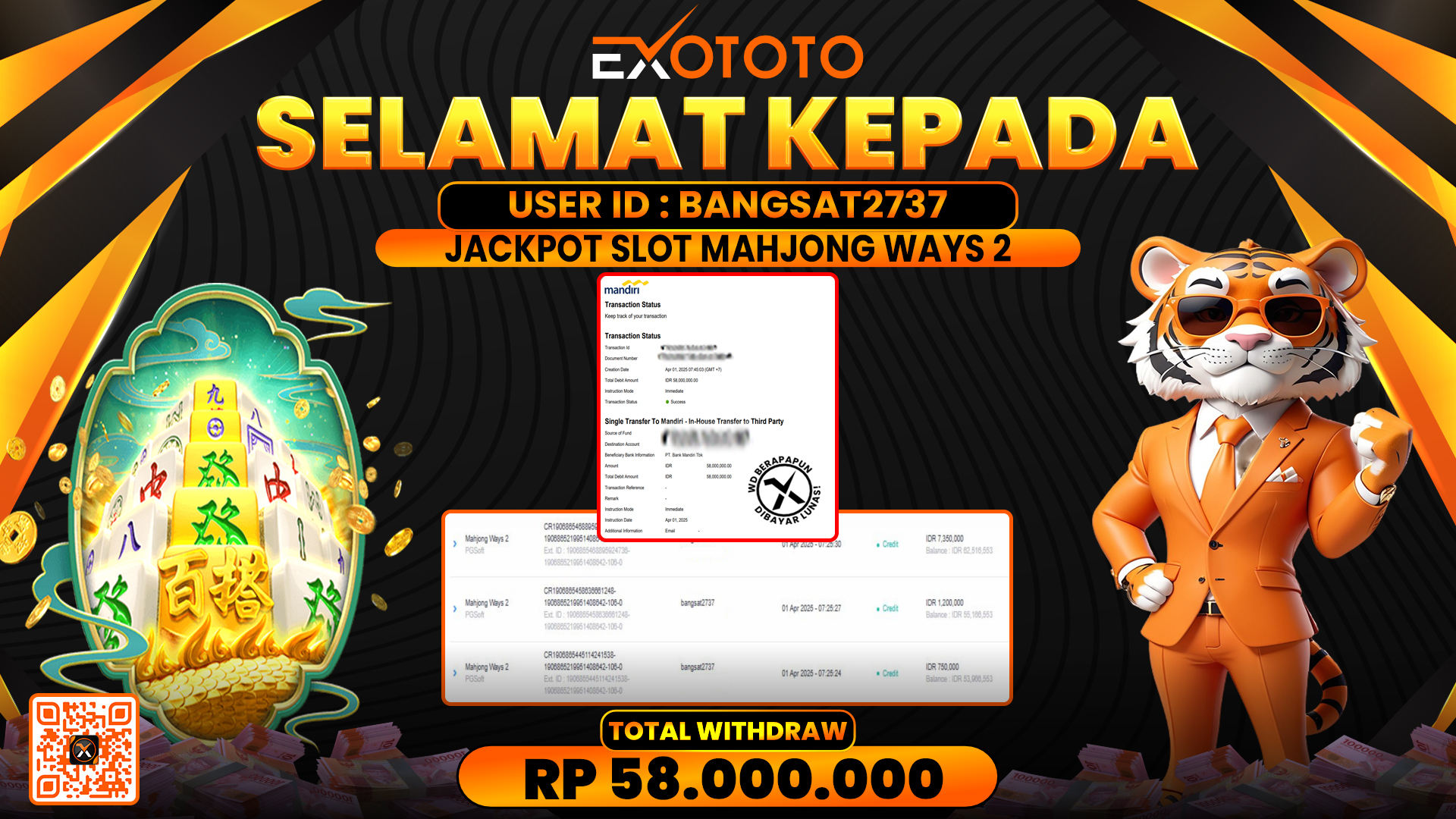 EXOTOTO JACKPOT DI SLOT MAHJONG WAYS 2 RP. 58.000.000,- LUNAS