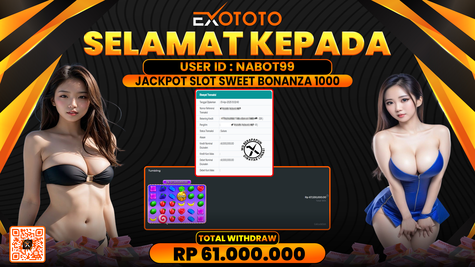 EXOTOTO JACKPOT DI SLOT SWEET BONANZA 1000 RP. 61.000.000,- LUNAS