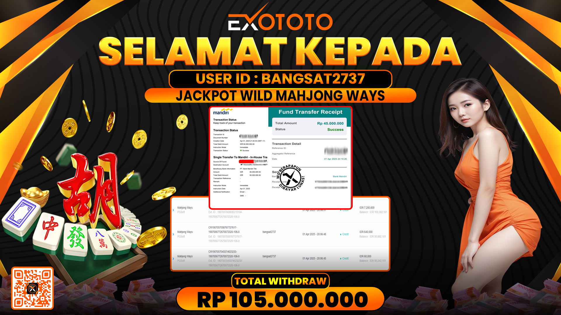 EXOTOTO JACKPOT DI SLOT MAHJONG WAYS RP. 105.000.000,- LUNAS
