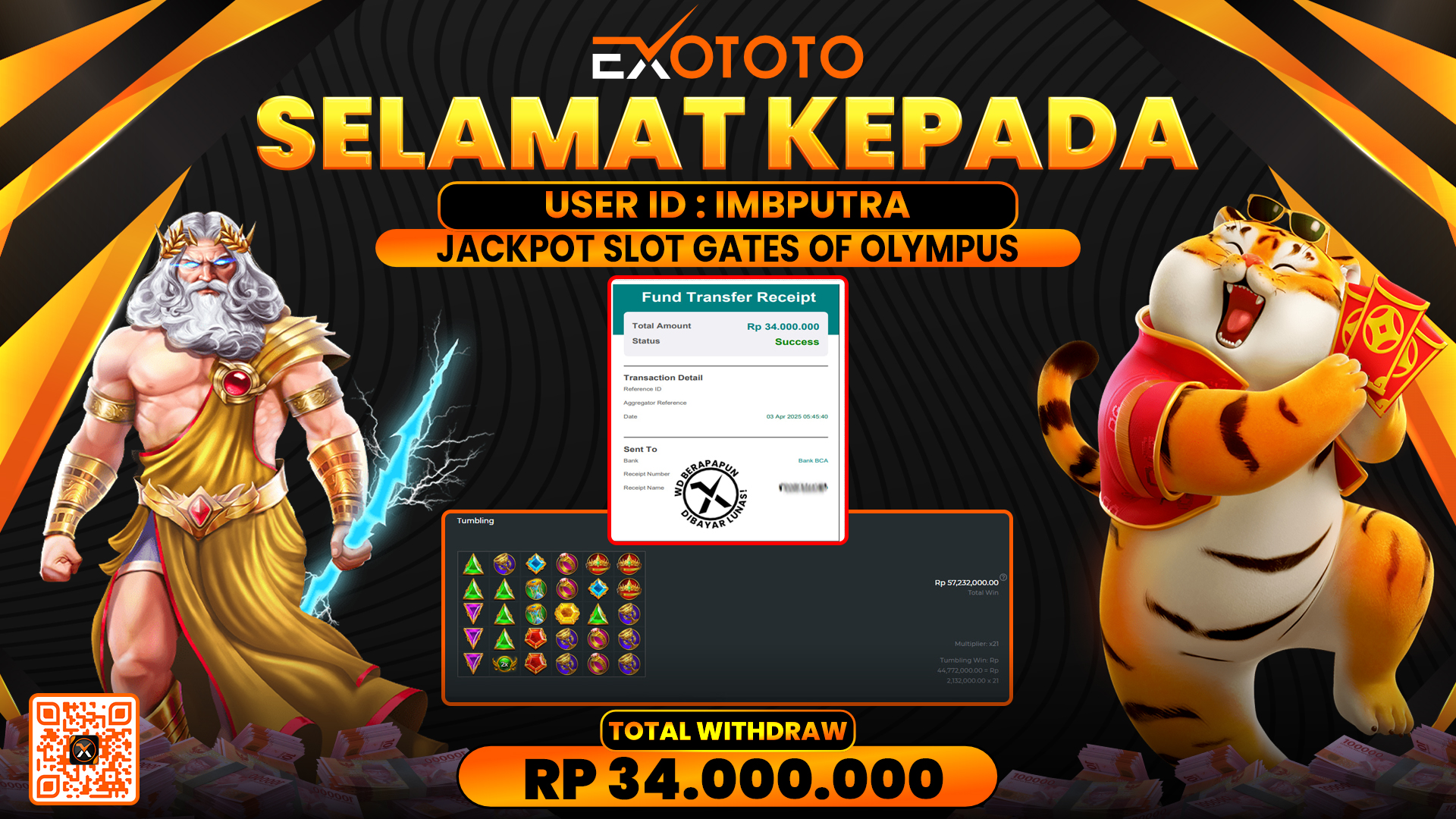 EXOTOTO JACKPOT DI SLOT GATES OF OLYMPUS RP. 34.000.000,- LUNAS