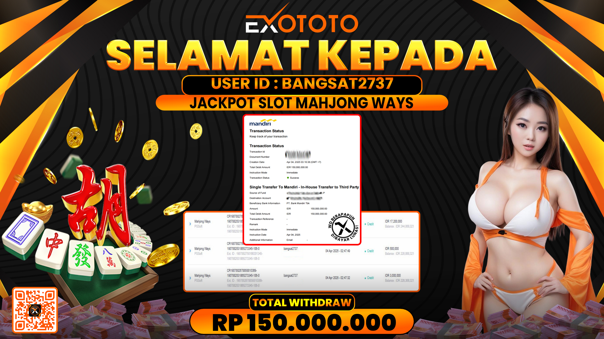 EXOTOTO JACKPOT DI SLOT MAHJONG WAYS RP. 150.000.000,- LUNAS