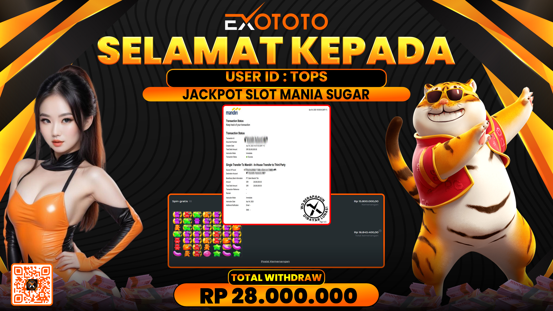 EXOTOTO JACKPOT DI SLOT MANIA SUGAR RP. 28.000.000,- LUNAS