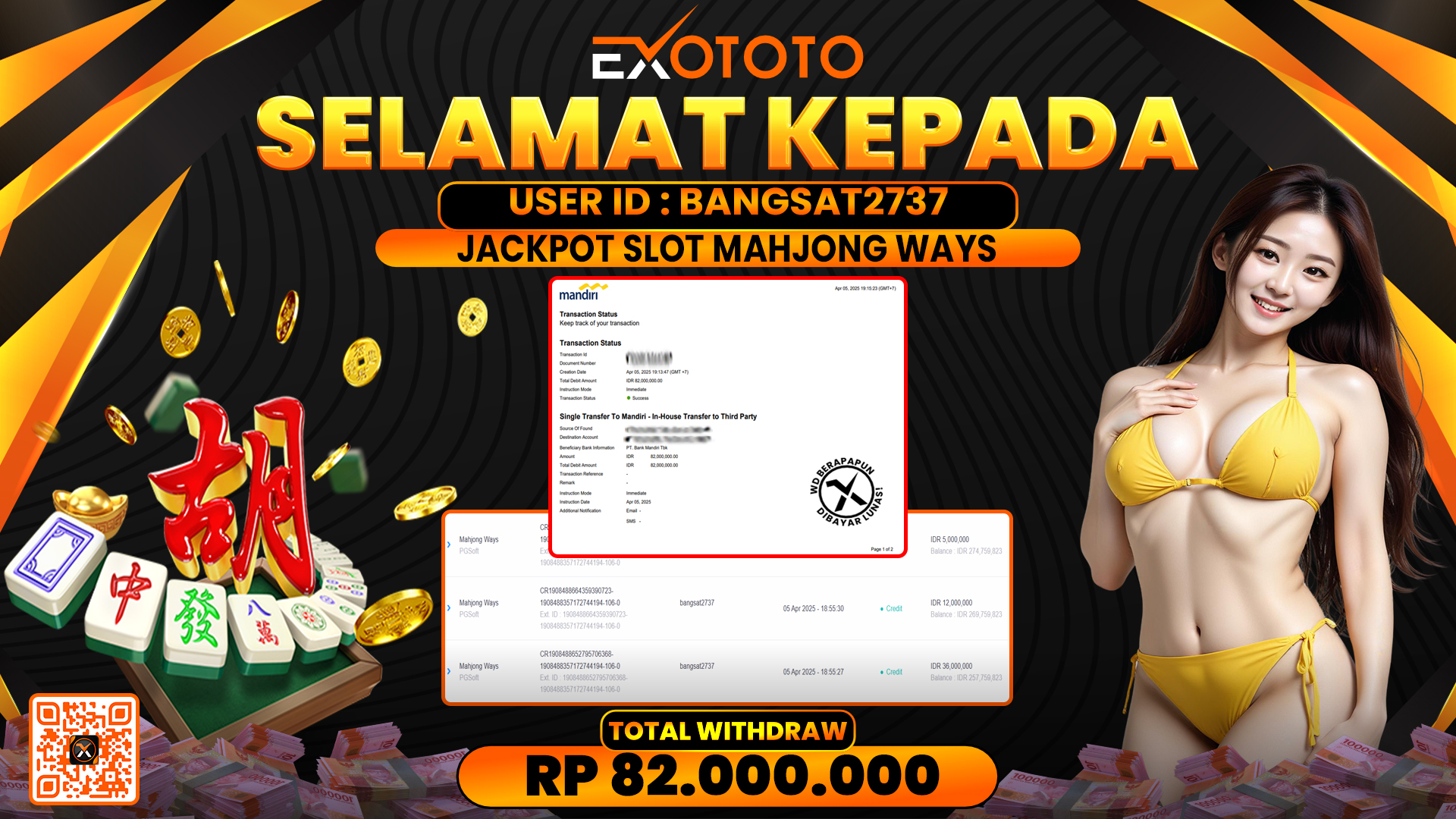 EXOTOTO JACKPOT DI SLOT MAHJONG WAYS RP. 82.000.000,- LUNAS