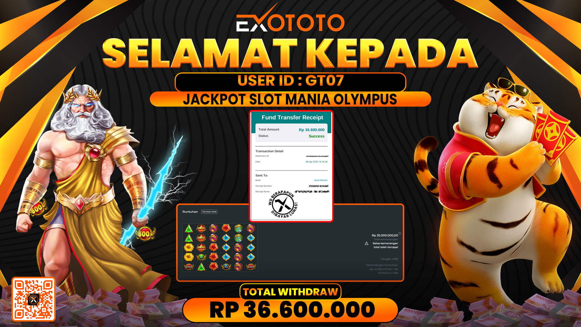 EXOTOTO JACKPOT DI SLOT MANIA OLYMPUS RP. 36.600.000,- LUNAS