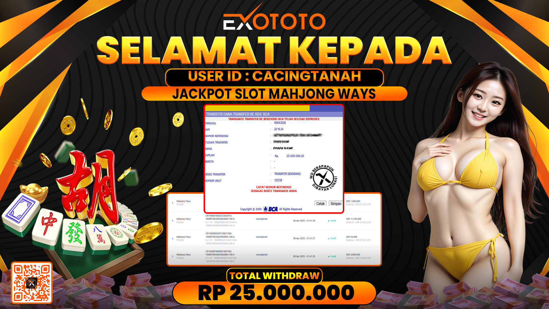 EXOTOTO JACKPOT DI SLOT MAHJONG WAYS RP. 25.000.000,- LUNAS