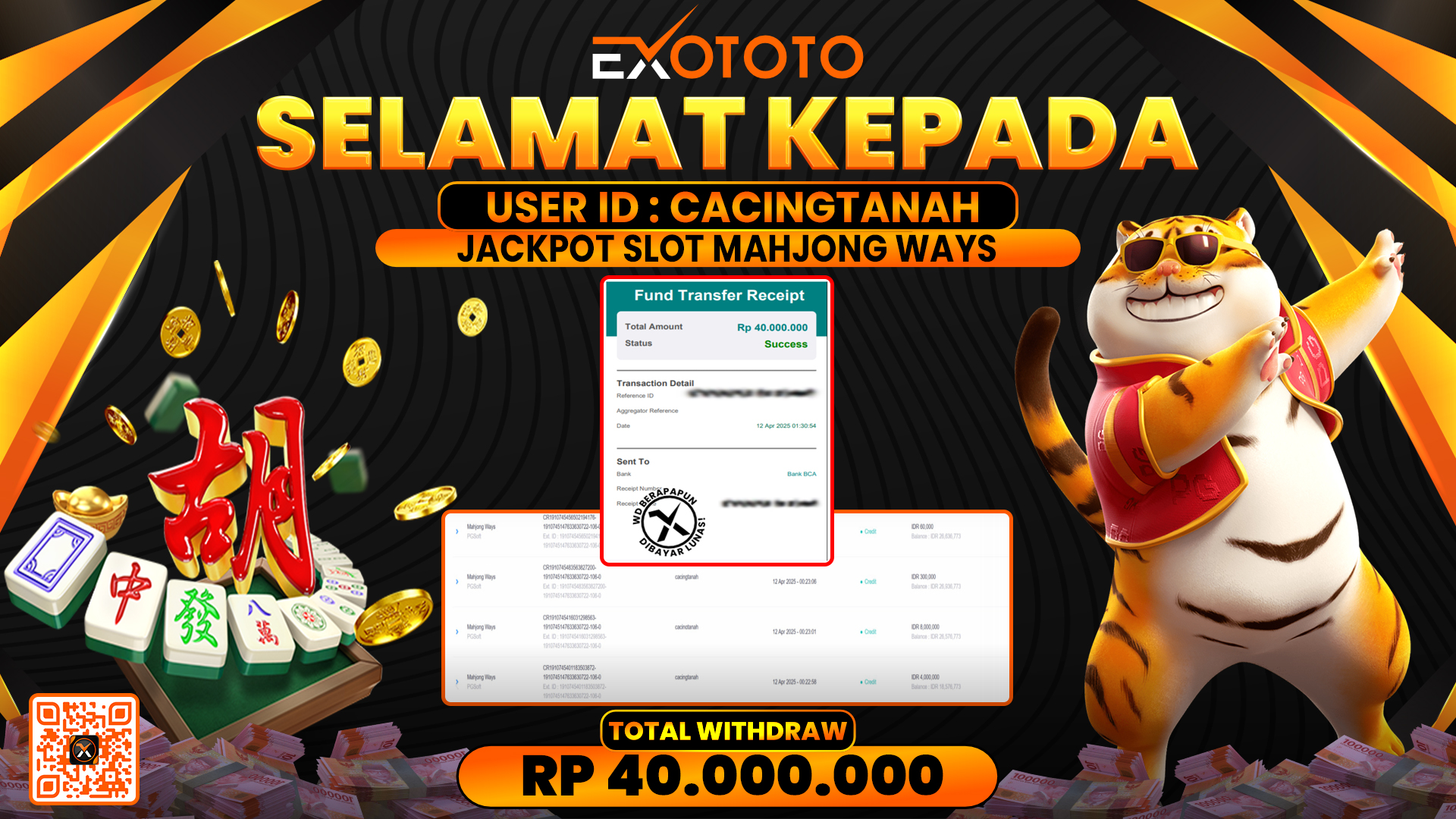 EXOTOTO JACKPOT DI SLOT MAHJONG WAYS RP. 40.000.000,- LUNAS