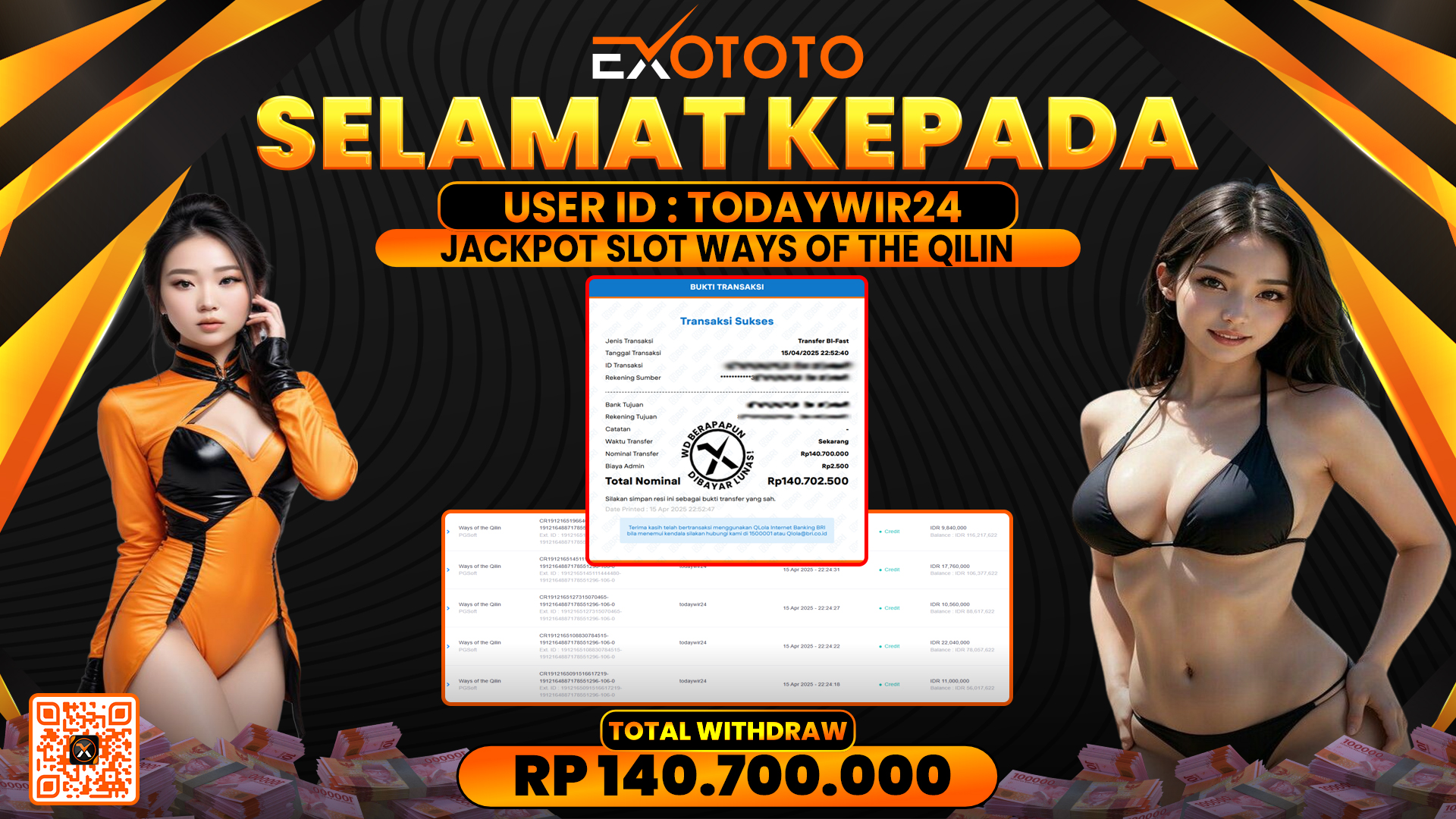 EXOTOTO JACKPOT DI SLOT WAYS OF THE QILIN RP. 140.700.000,- LUNAS