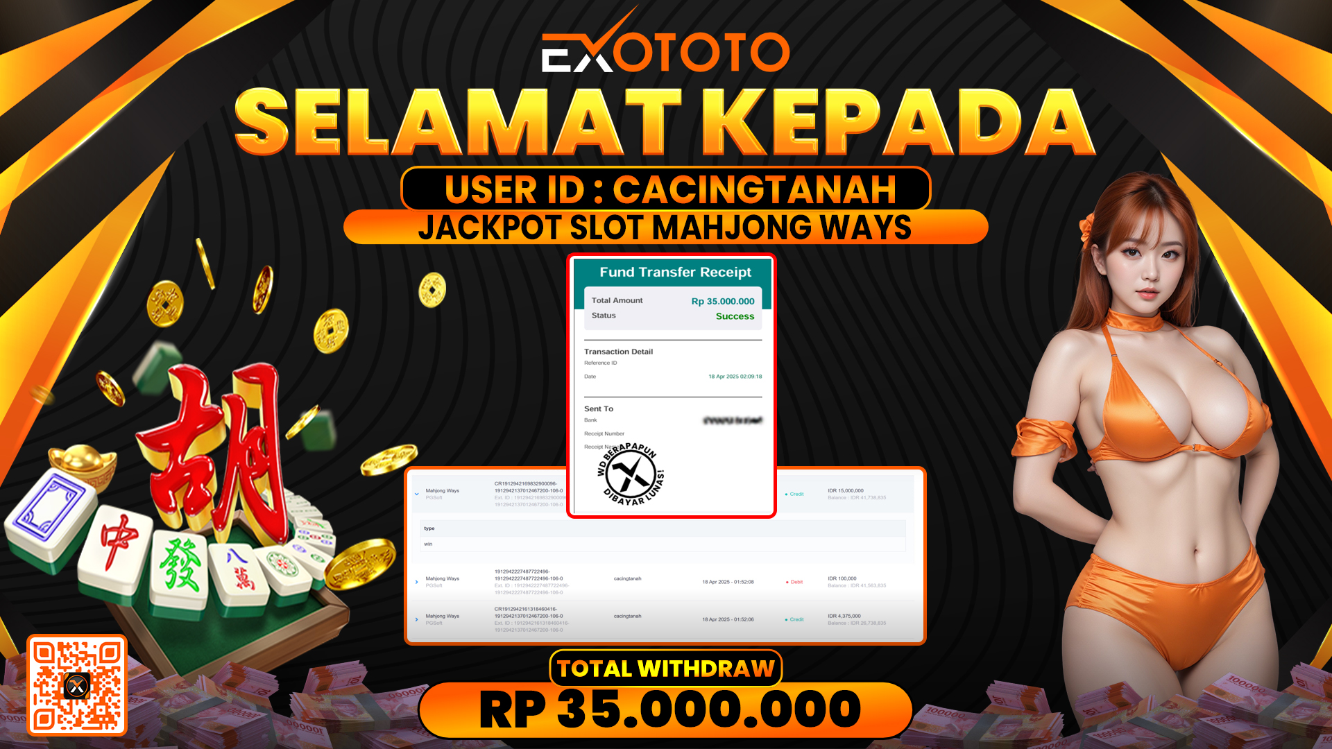 EXOTOTO JACKPOT DI SLOT MAHJONG WAYS RP. 35.000.000,- LUNAS