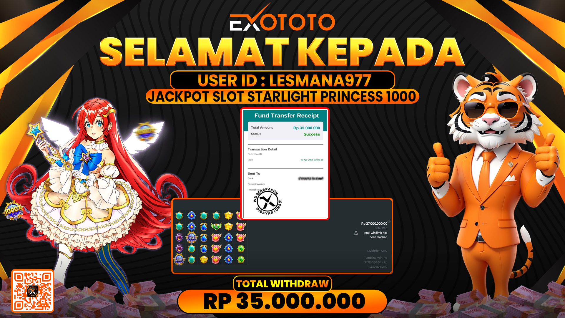 EXOTOTO JACKPOT DI SLOT STARLIGHT PRINCESS 1000 RP. 35.000.000,- LUNAS