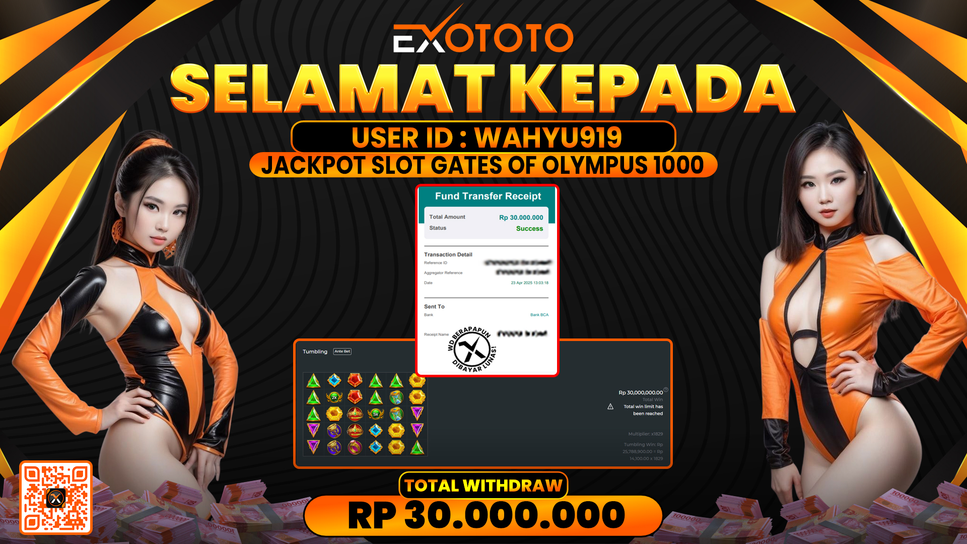 EXOTOTO JACKPOT DI SLOT GATES OF OLYMPUS 1000 RP. 30.000.000,- LUNAS