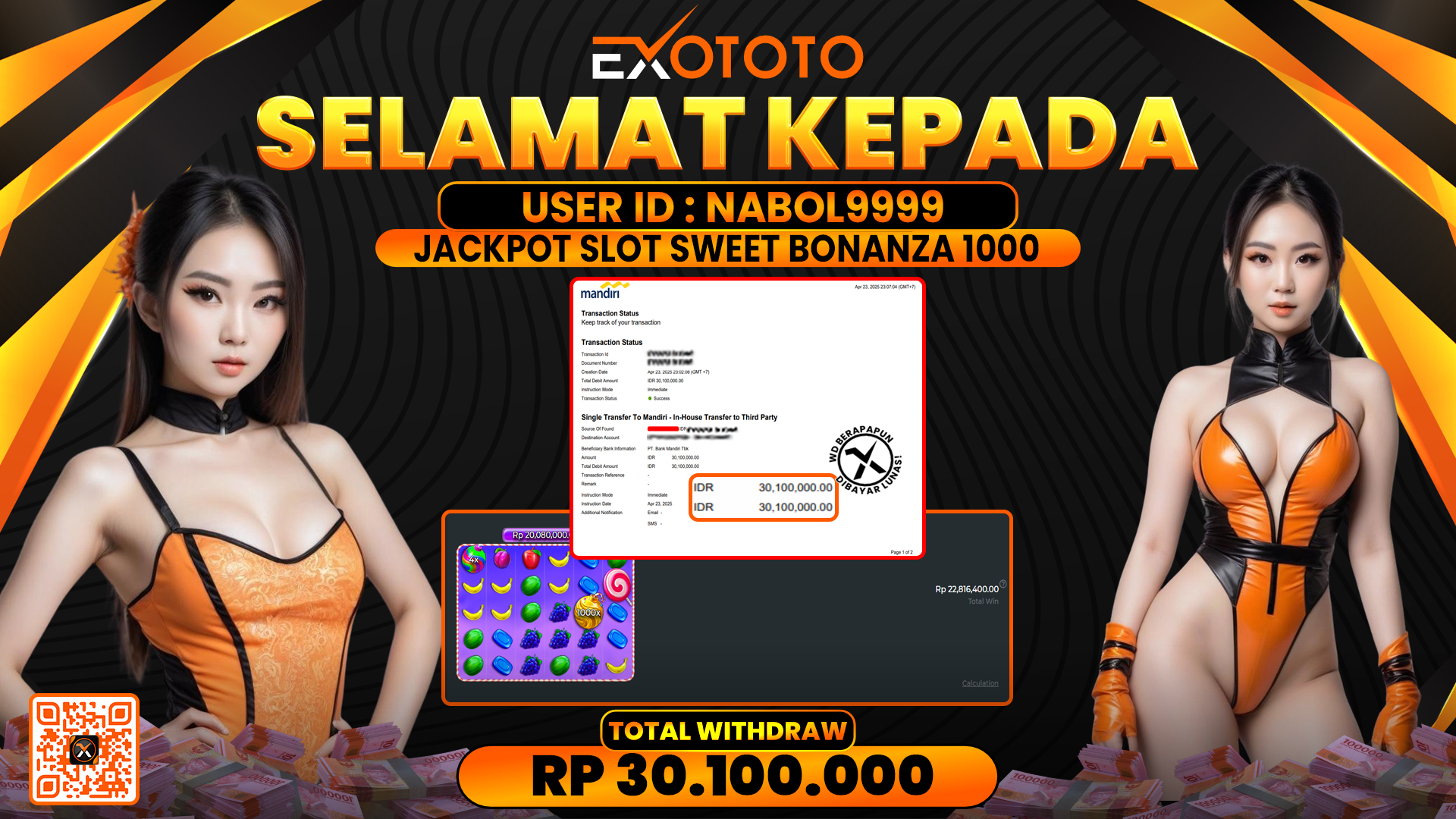 EXOTOTO JACKPOT DI SLOT SWEET BONANZA 1000 RP. 30.100.000,- LUNAS