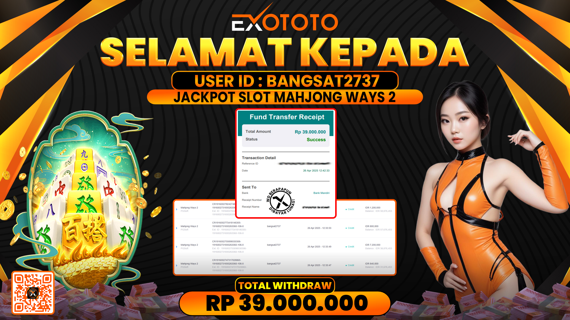 EXOTOTO JACKPOT DI SLOT MAHJONG WAYS 2 RP. 39.000.000,- LUNAS