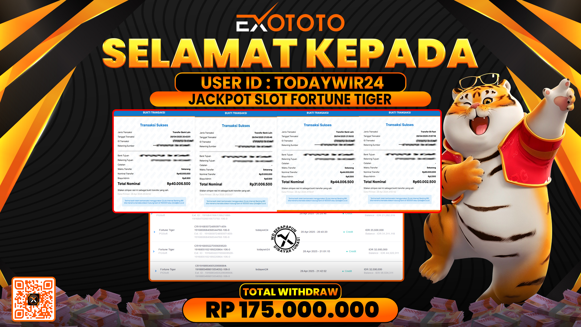 EXOTOTO JACKPOT DI SLOT FORTUNE TIGER RP. 175.000.000,- LUNAS
