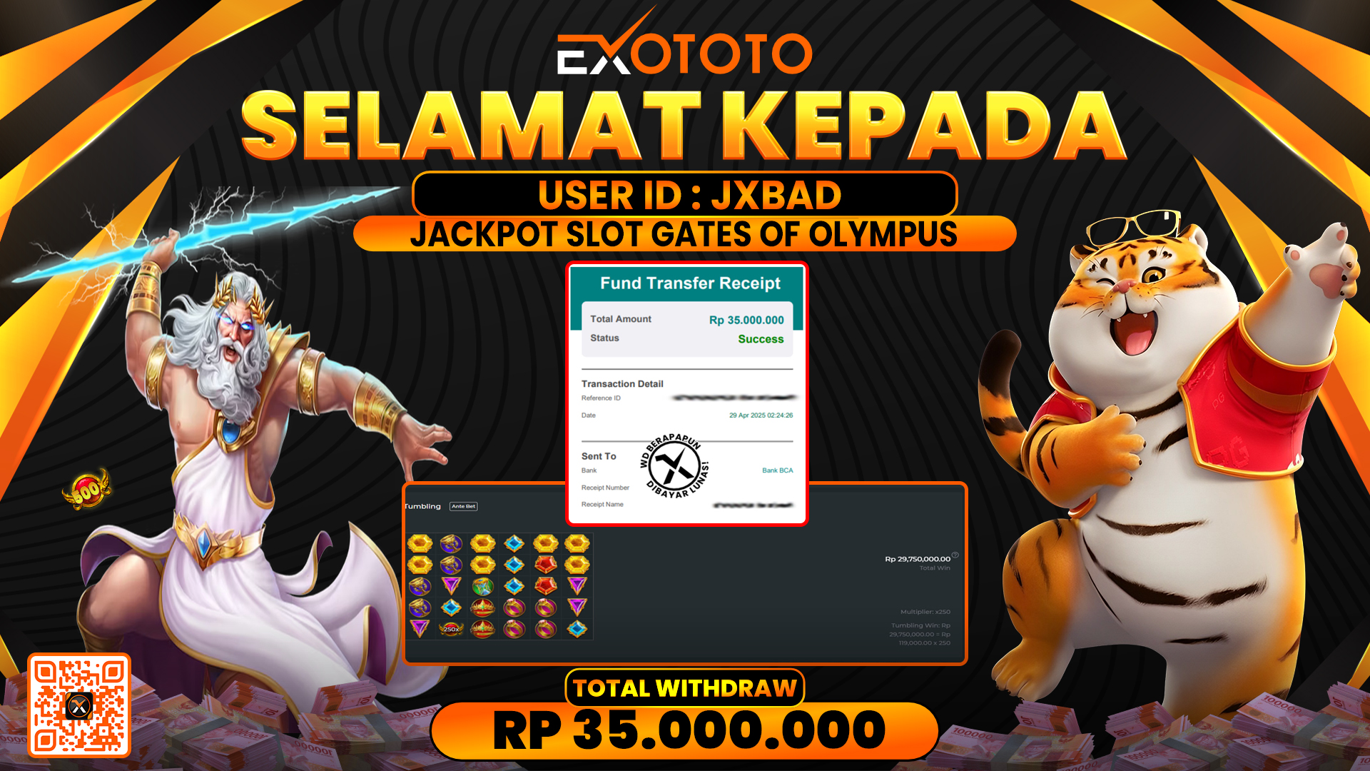EXOTOTO JACKPOT DI SLOT GATES OF OLYMPUS RP. 35.000.000,- LUNAS