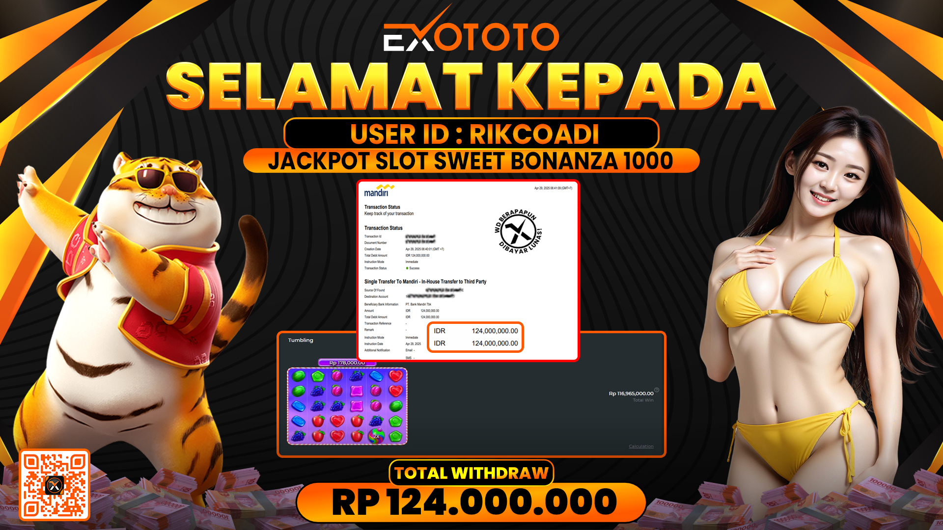 EXOTOTO JACKPOT DI SLOT SWEET BONANZA 1000 RP. 124.000.000,- LUNAS