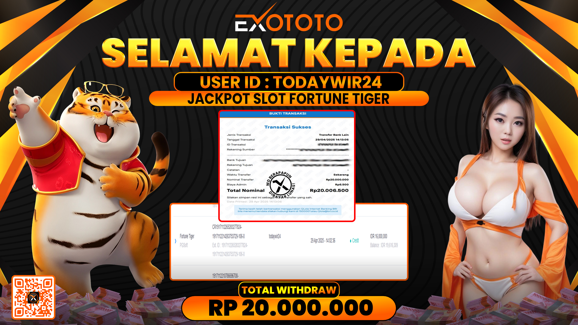 EXOTOTO JACKPOT DI SLOT FORTUNE TIGER RP. 20.000.000,- LUNAS