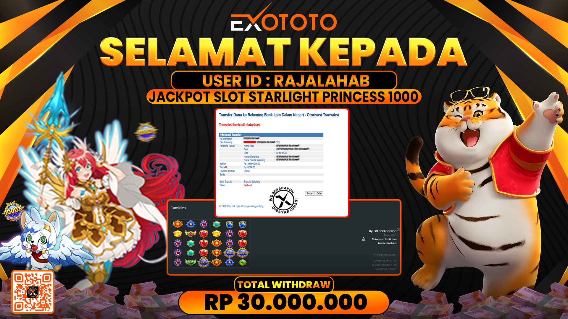 EXOTOTO JACKPOT DI SLOT STARLIGHT PRINCESS 1000 RP. 30.000.000,- LUNAS