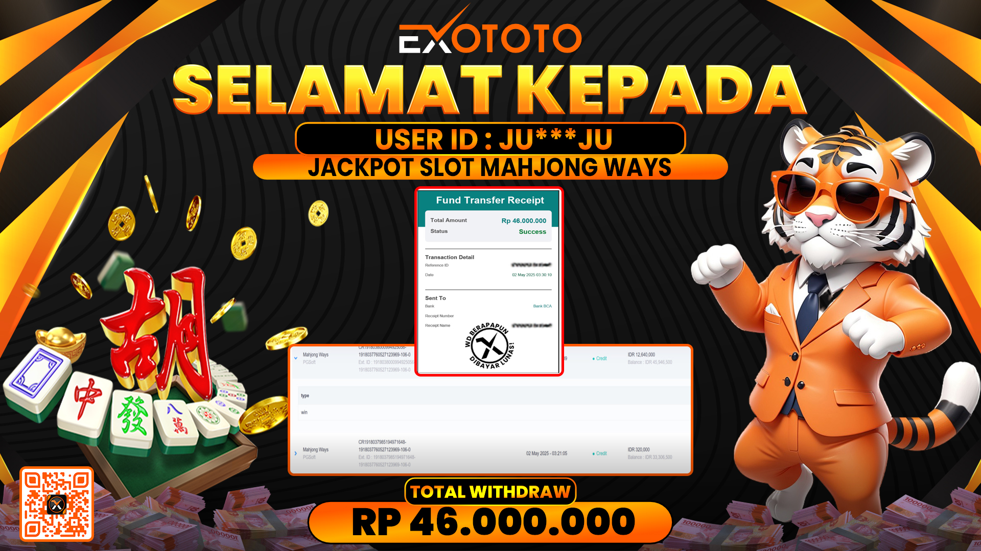EXOTOTO JACKPOT DI SLOT MAHJONG WAYS RP. 46.000.000,- LUNAS
