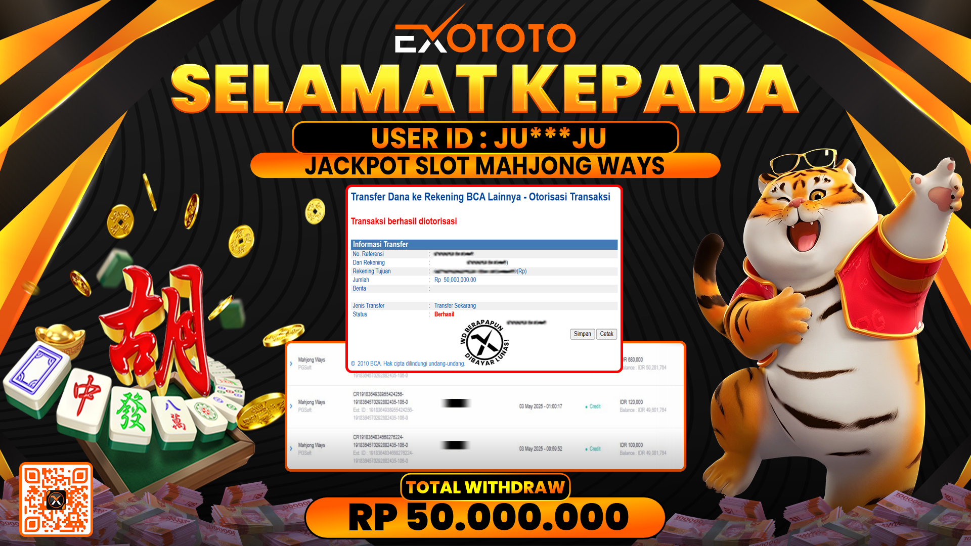 EXOTOTO JACKPOT DI SLOT MAHJONG WAYS RP. 50.000.000,- LUNAS