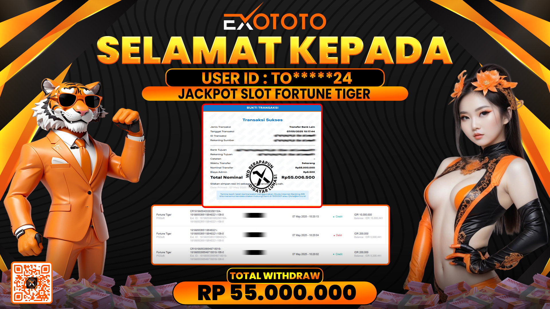 EXOTOTO JACKPOT DI SLOT FORTUNE TIGER RP. 55.000.000,- LUNAS