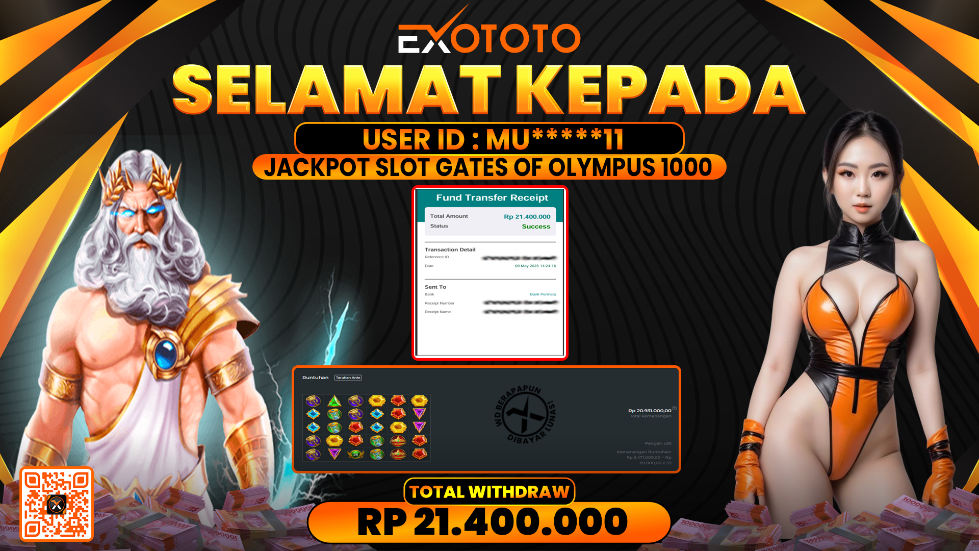 EXOTOTO JACKPOT DI SLOT GATES OF OLYMPUS 1000 RP. 21.400.000,- LUNAS