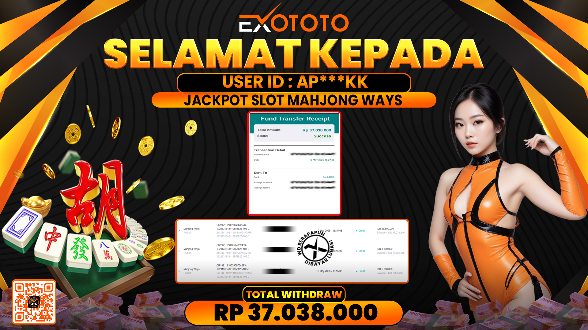EXOTOTO JACKPOT DI SLOT MAHJONG WAYS RP. 37.038.000,- LUNAS